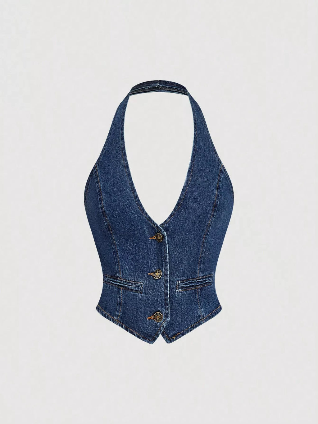 Halter Neck Denim Vest and Wide-Leg Jeans Set