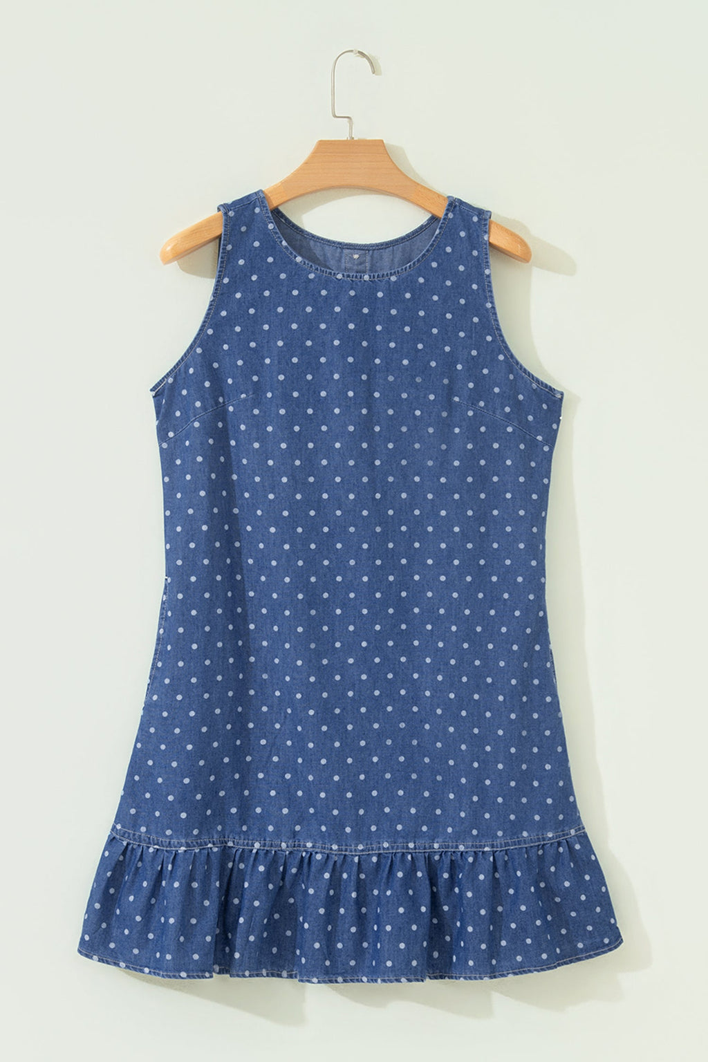 Blue Polka Dot Ruffle Hem Sleeveless Denim Mini Dress