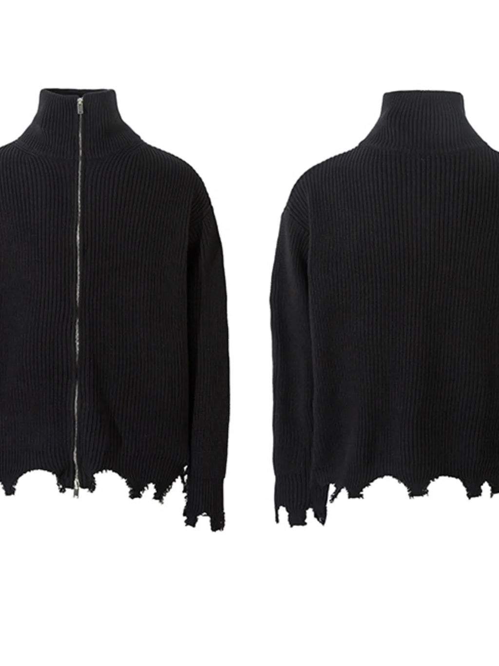 Men's Distressed Hem Ribbed Knit Zip-Up Cardigan