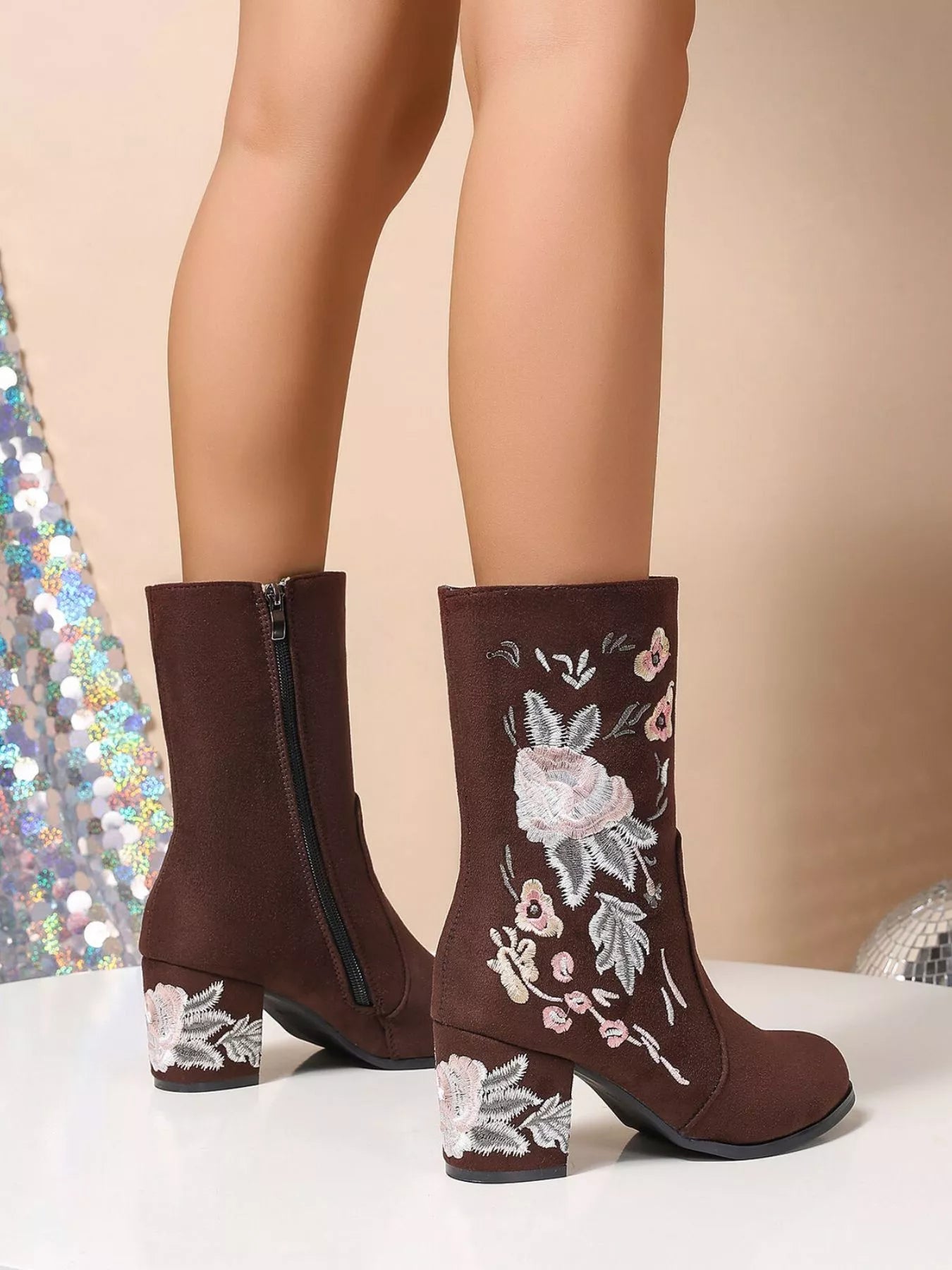 Floral Embroidered Block Heel Boots