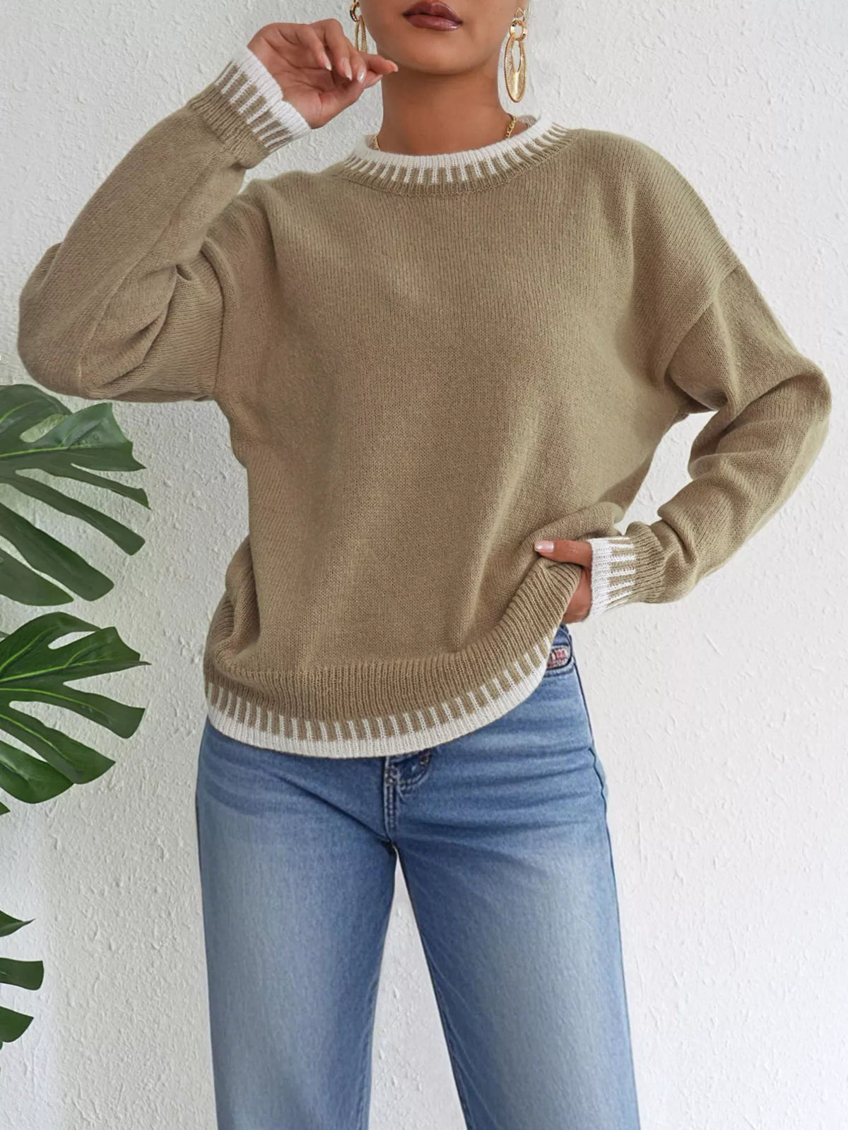 Contrast Trim Crew Neck Drop Shoulder Sweater
