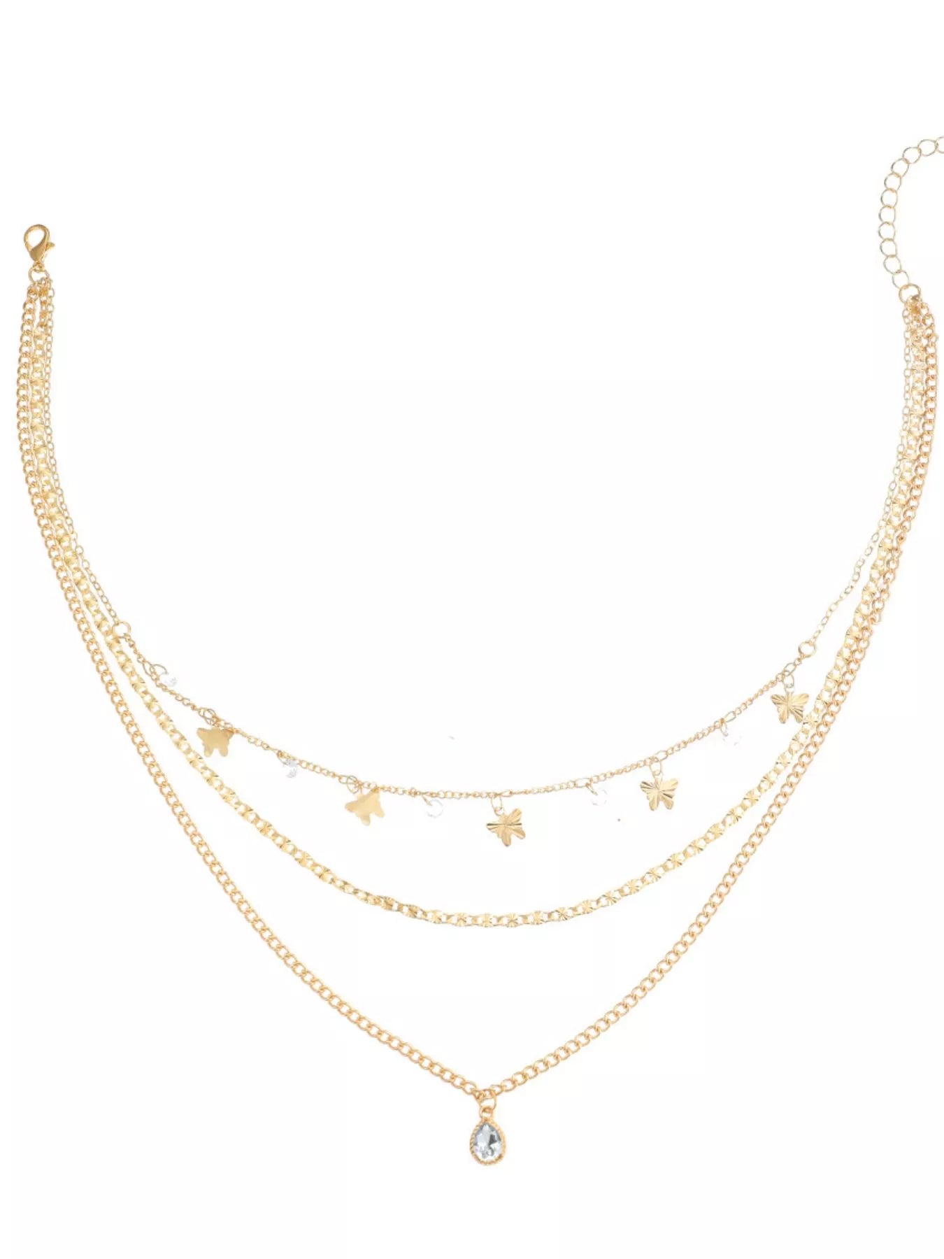 Layered Alloy Necklace with Butterfly and Zircon Charms