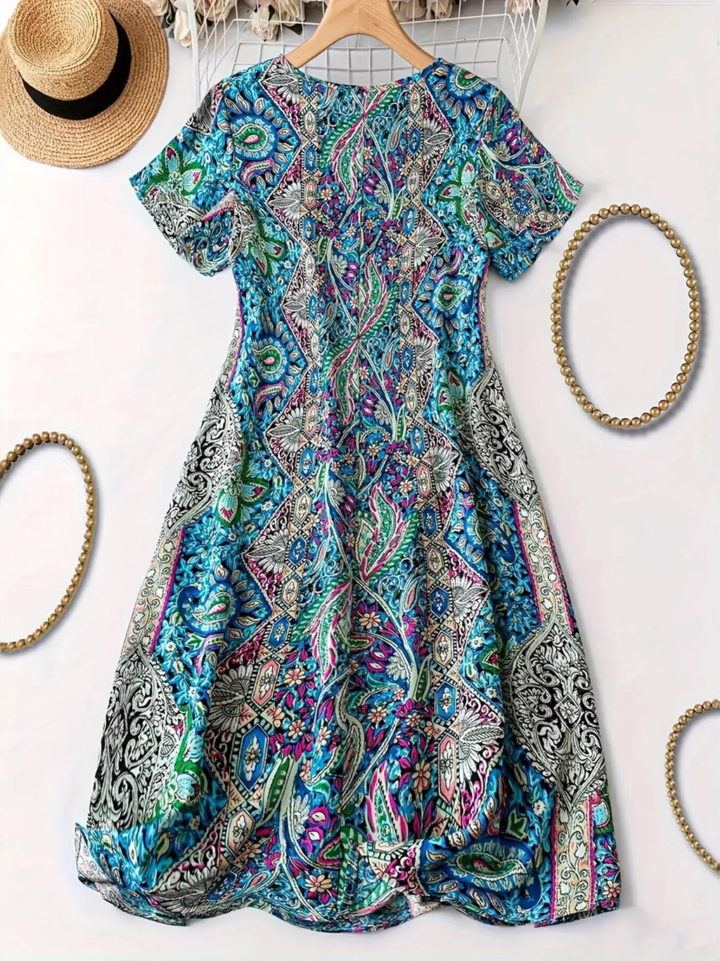 Paisley Print V-Neck Short Sleeve Dress