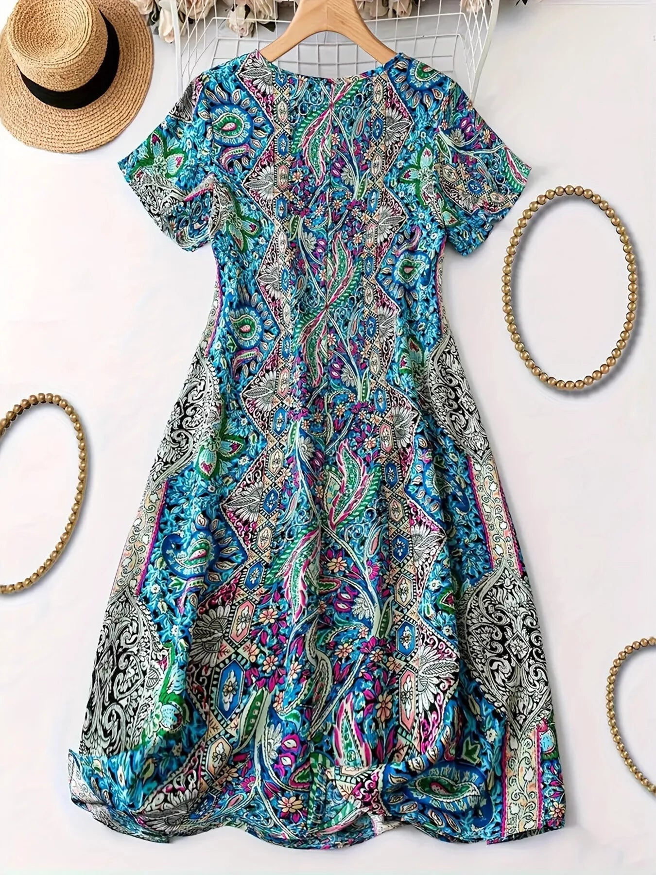 Paisley Print V-Neck Short Sleeve Dress