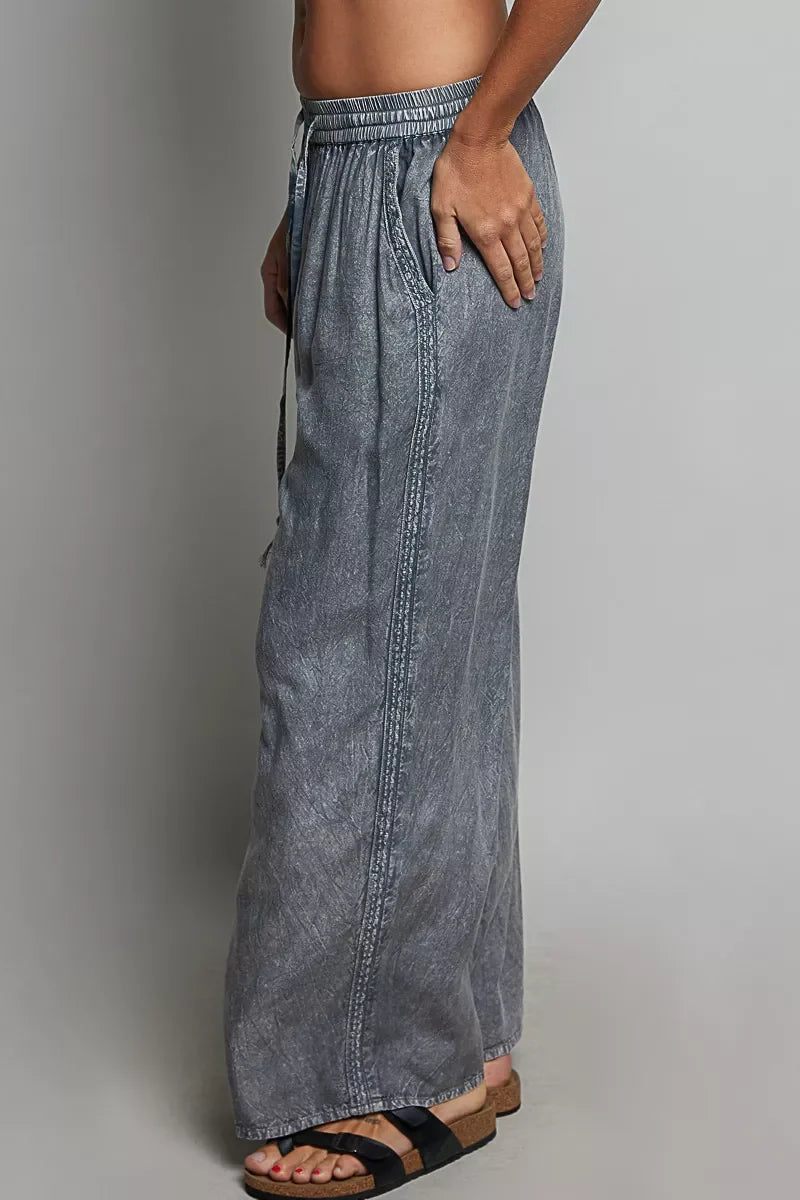 POL Tassel Drawstring Embroidered Wide Leg Woven Pants