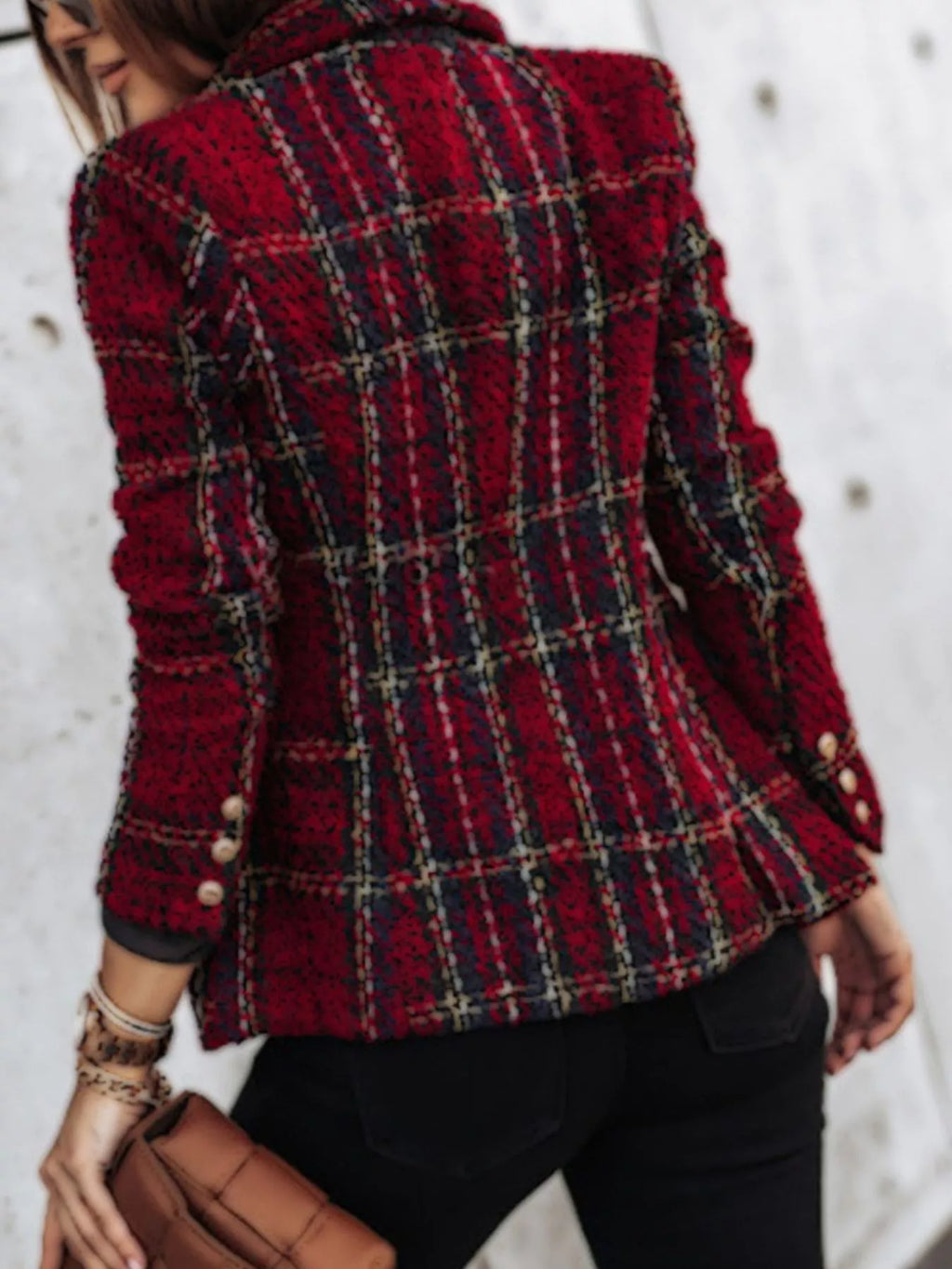 Full Size Plaid Tweed Double-Breasted Blazer Plus Size