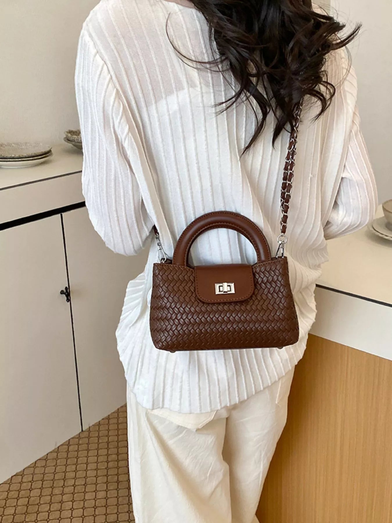 Woven Texture Crossbody Bag with Chain Strap