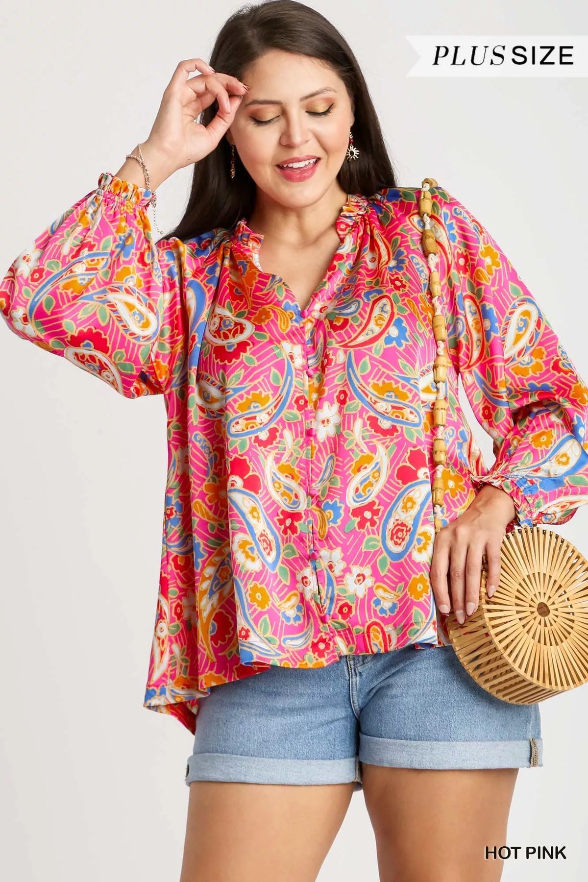 Satin Paisley Ruffle Neck Button-Up Shirt – Plus Size