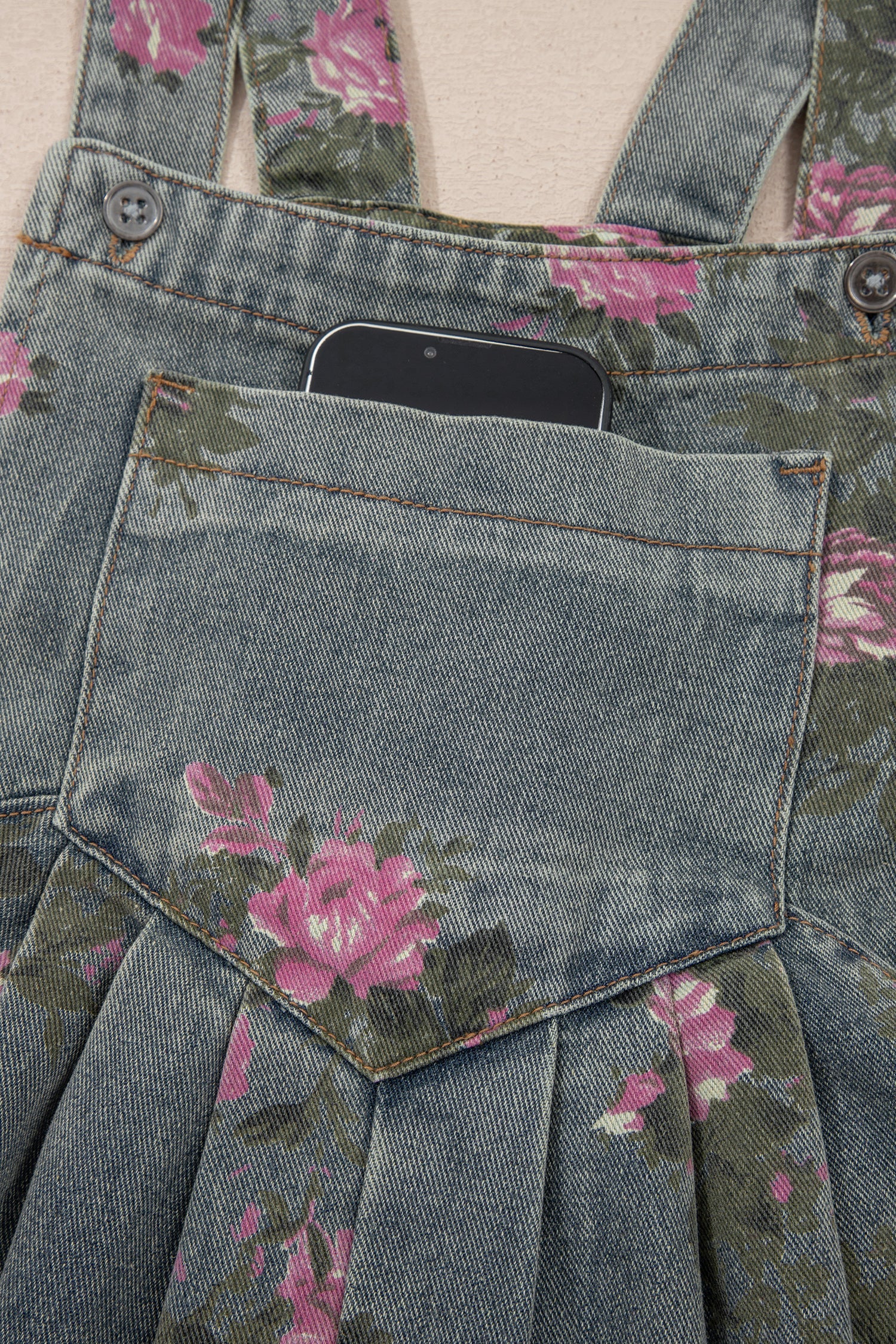 Gray Beau Floral Print Pleated High Waist Wide Leg Denim Jumpsuit