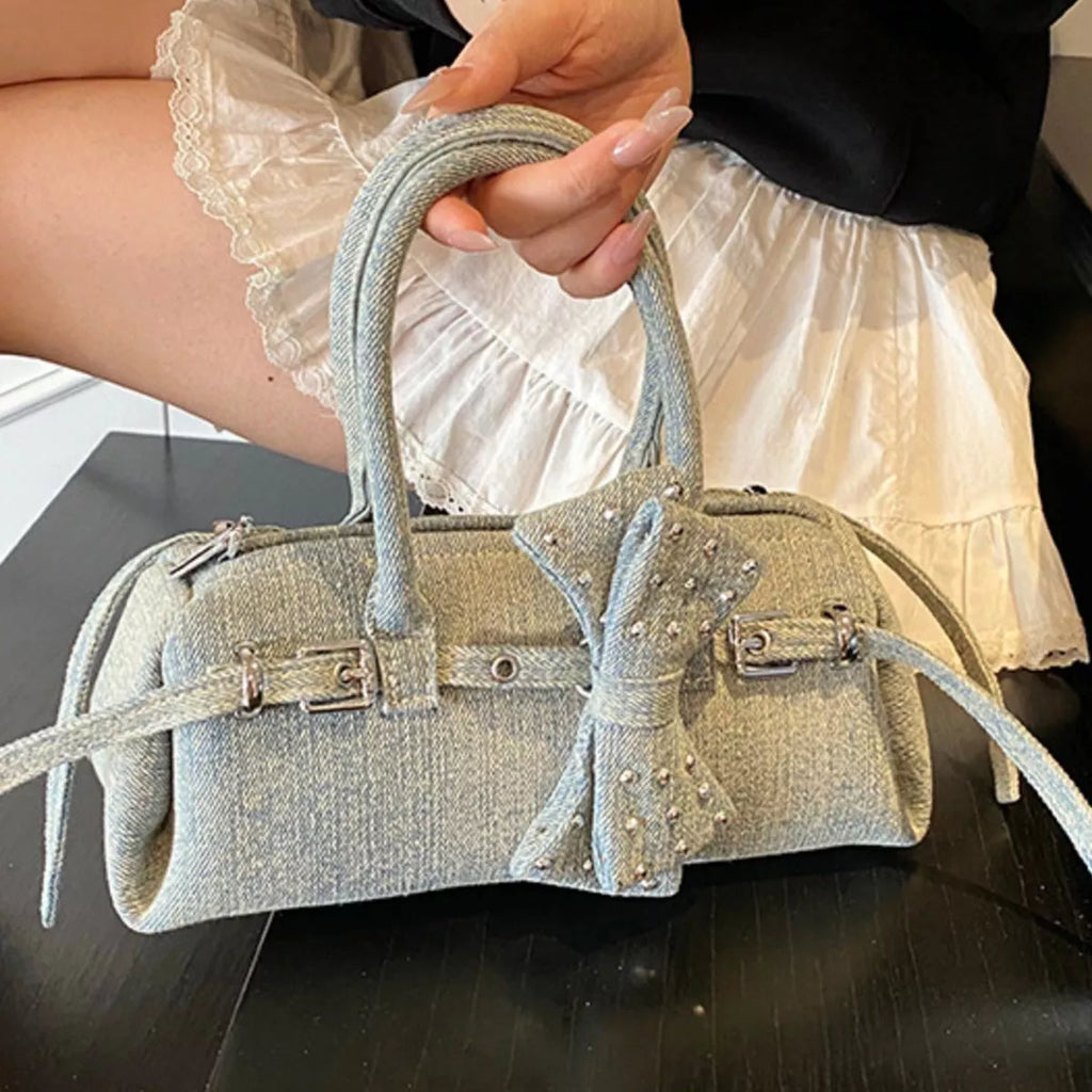 Denim Bow Accent Crossbody Bag