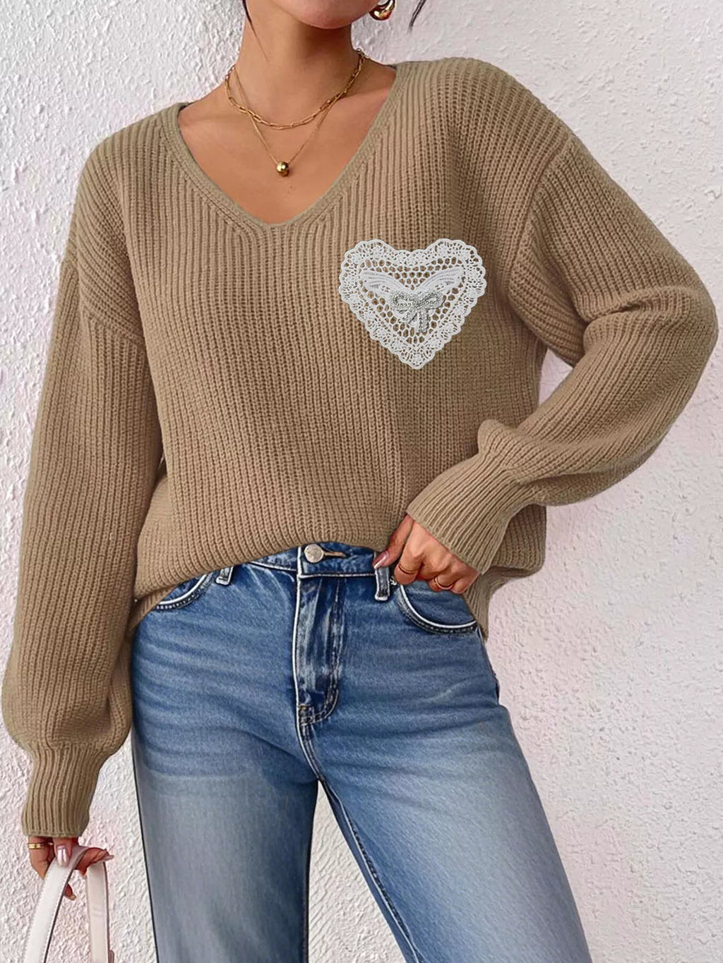Lace Heart Dropped Shoulder Sweater