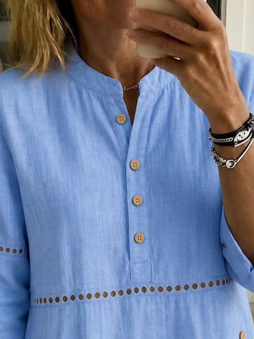 Full Size Button Detail Eyelet Long Sleeve Blouse Plus Size