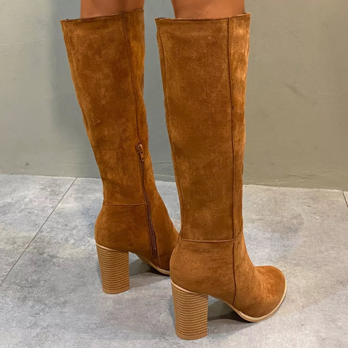 Point Toe Knee-High Suede Block Heel Boots