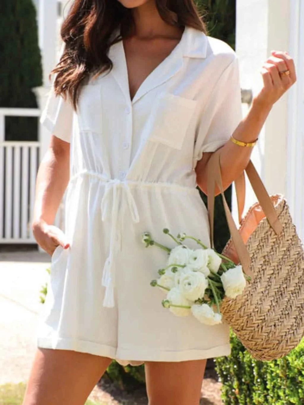 Drawstring Waist Collared Short Sleeve Cotton Romper