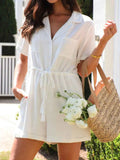 Drawstring Waist Collared Short Sleeve Cotton Romper