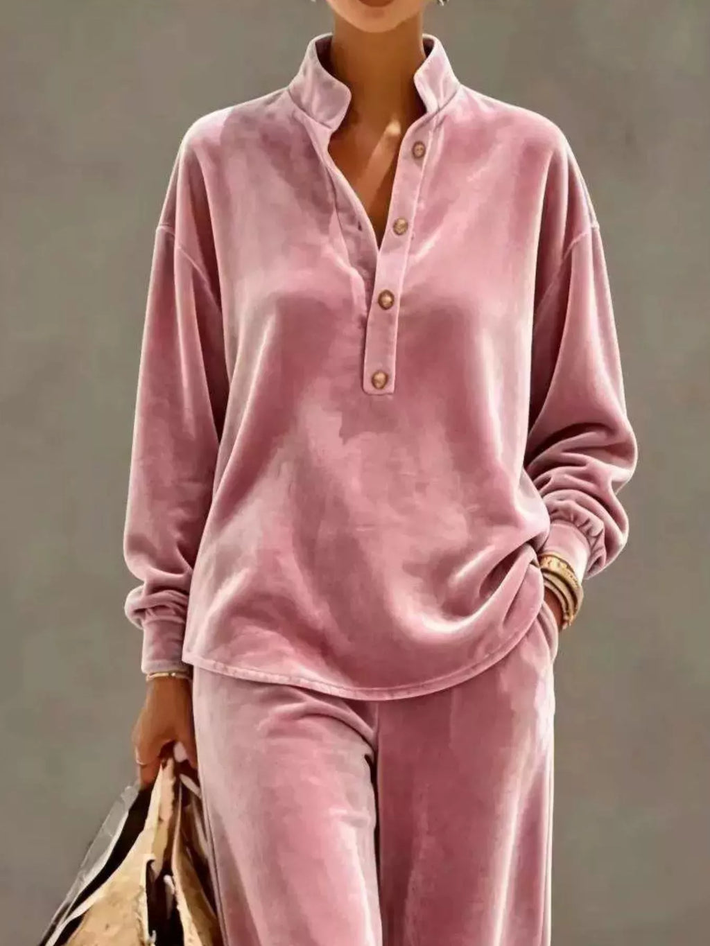 Full Size Half Button Top and Wide Leg Pants Set Plus Size
