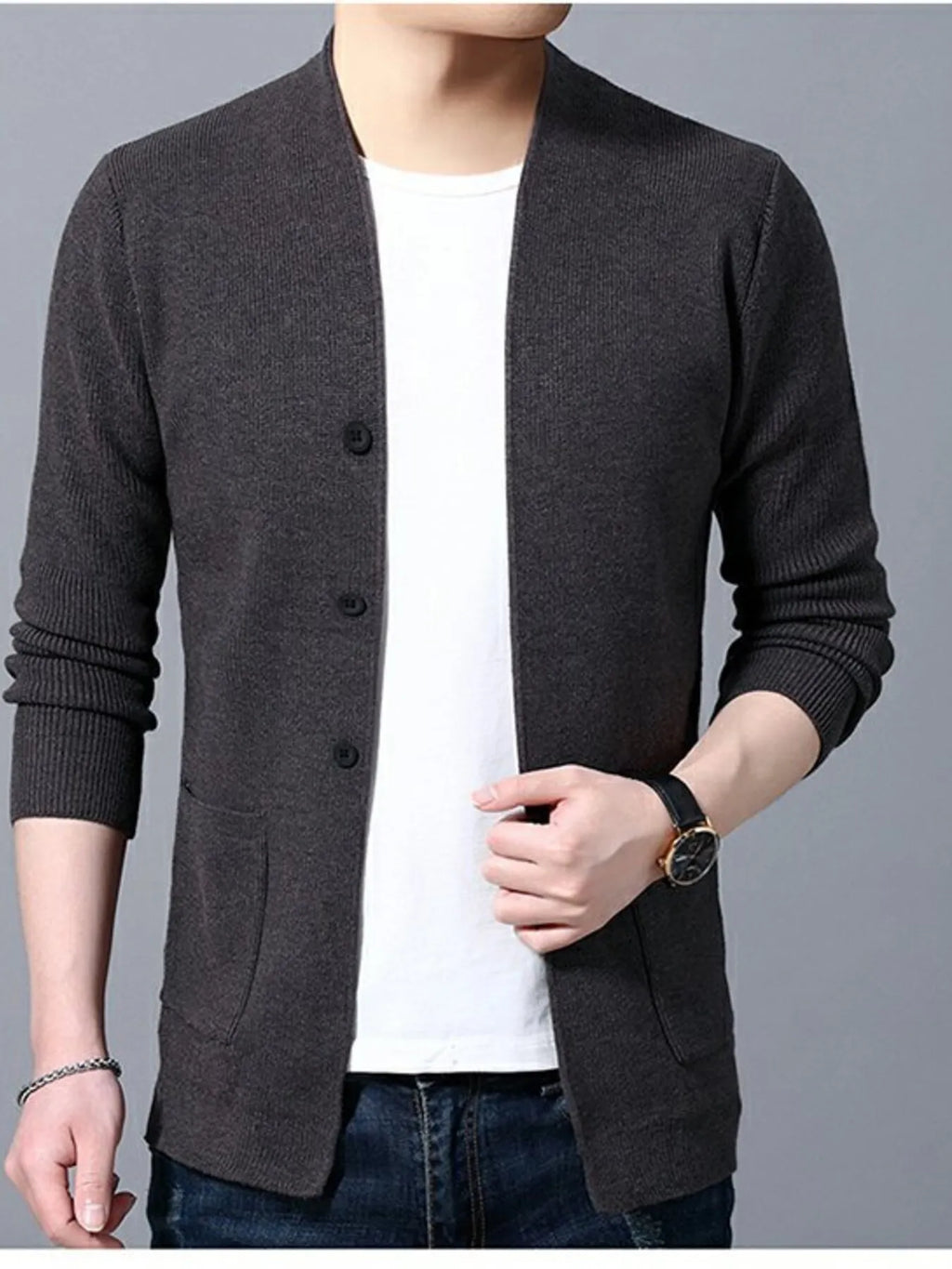 Men's Plus Size Long Sleeve Cardigan with Pockets