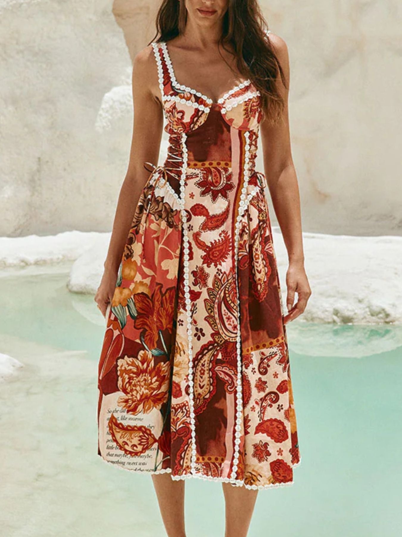 Vintage Paisley Print Lace Trim Midi Dress