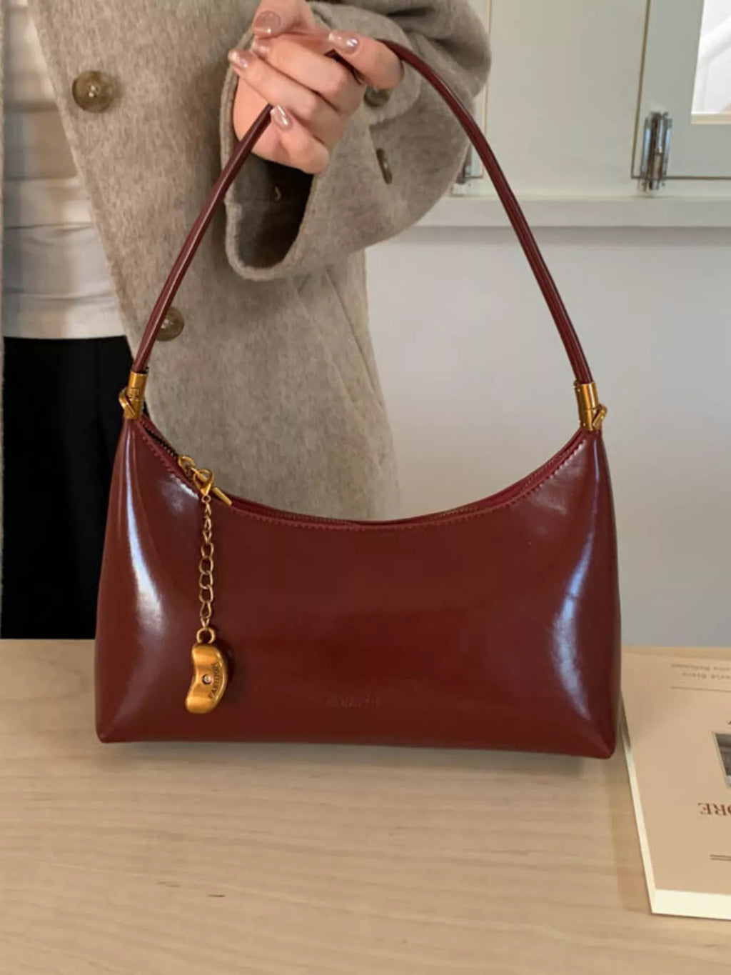 Chain Charm Leather Shoulder Bag