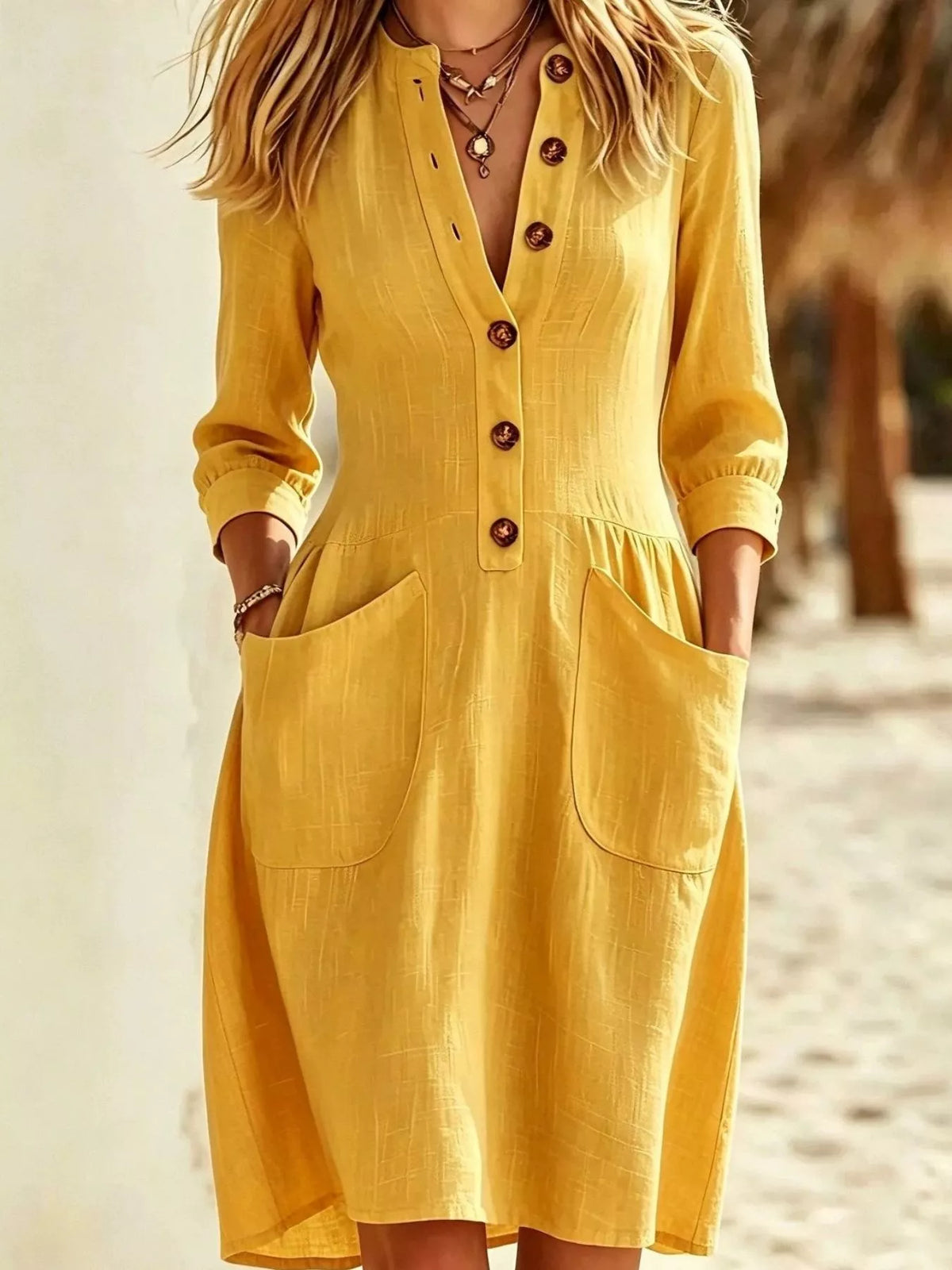 Full Size Button Front Long Sleeve Dress Plus Size