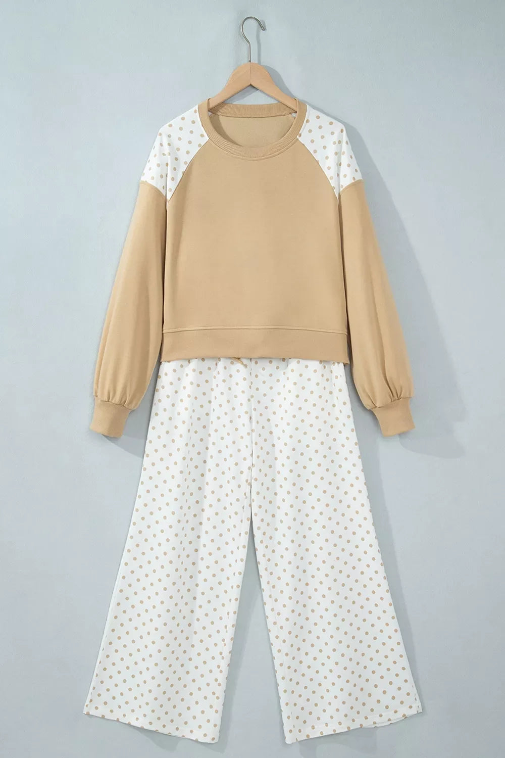 Polka Dot Patchwork Colorblock Long Sleeve Casual Two Piece Pants Set