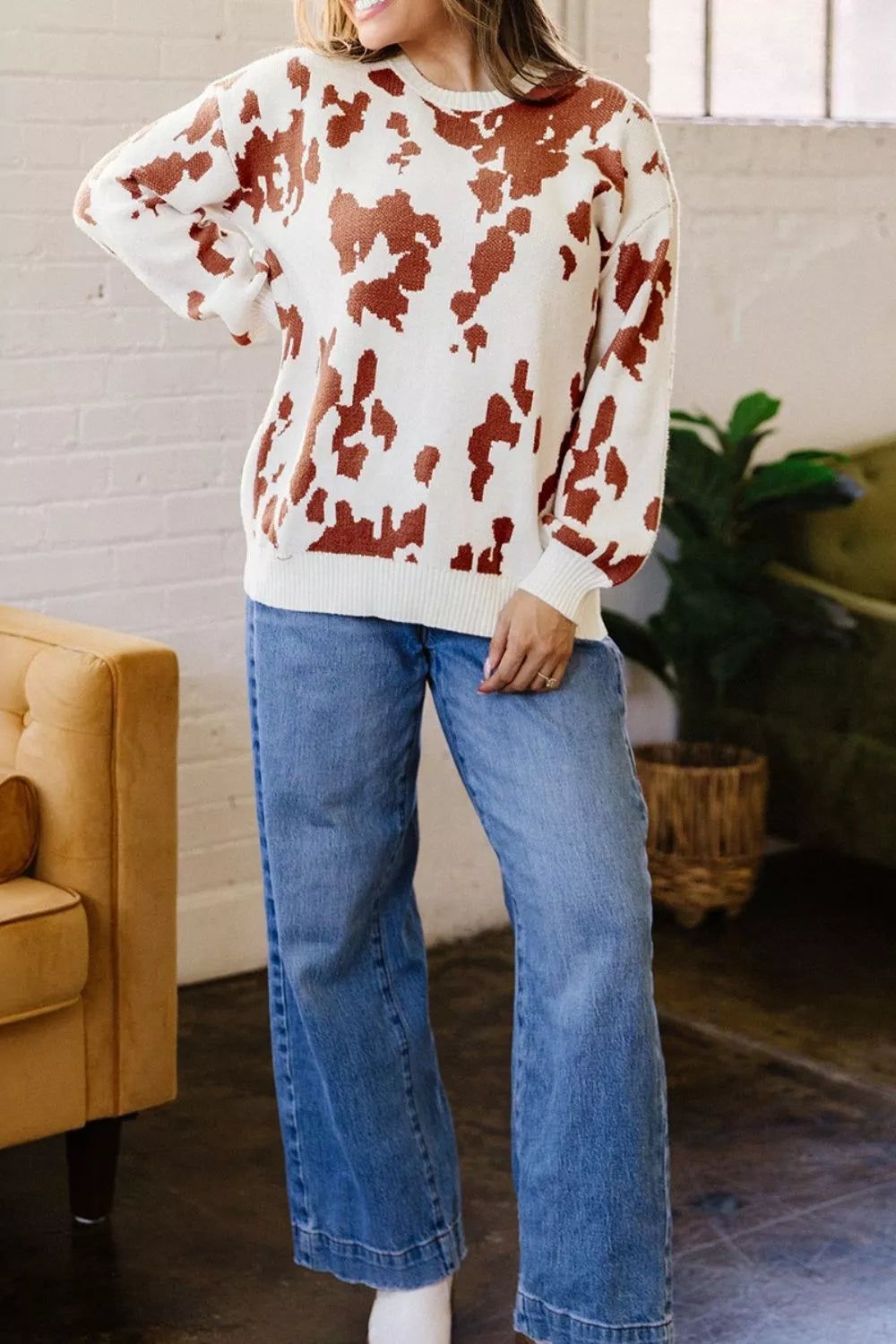 Abstract Print Drop Shoulder Long Sleeve Round Neck Sweater