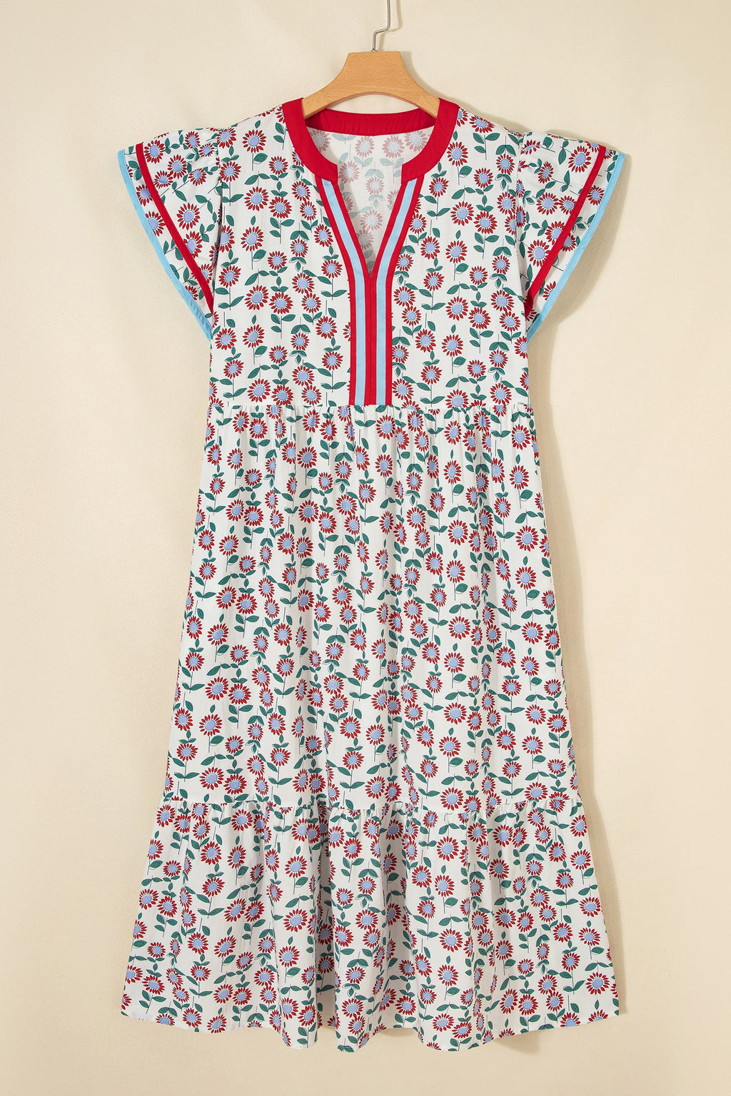 Red Cute Sunflower Printed Striped Patchwork Trim Flutter Sleeve Long Dress