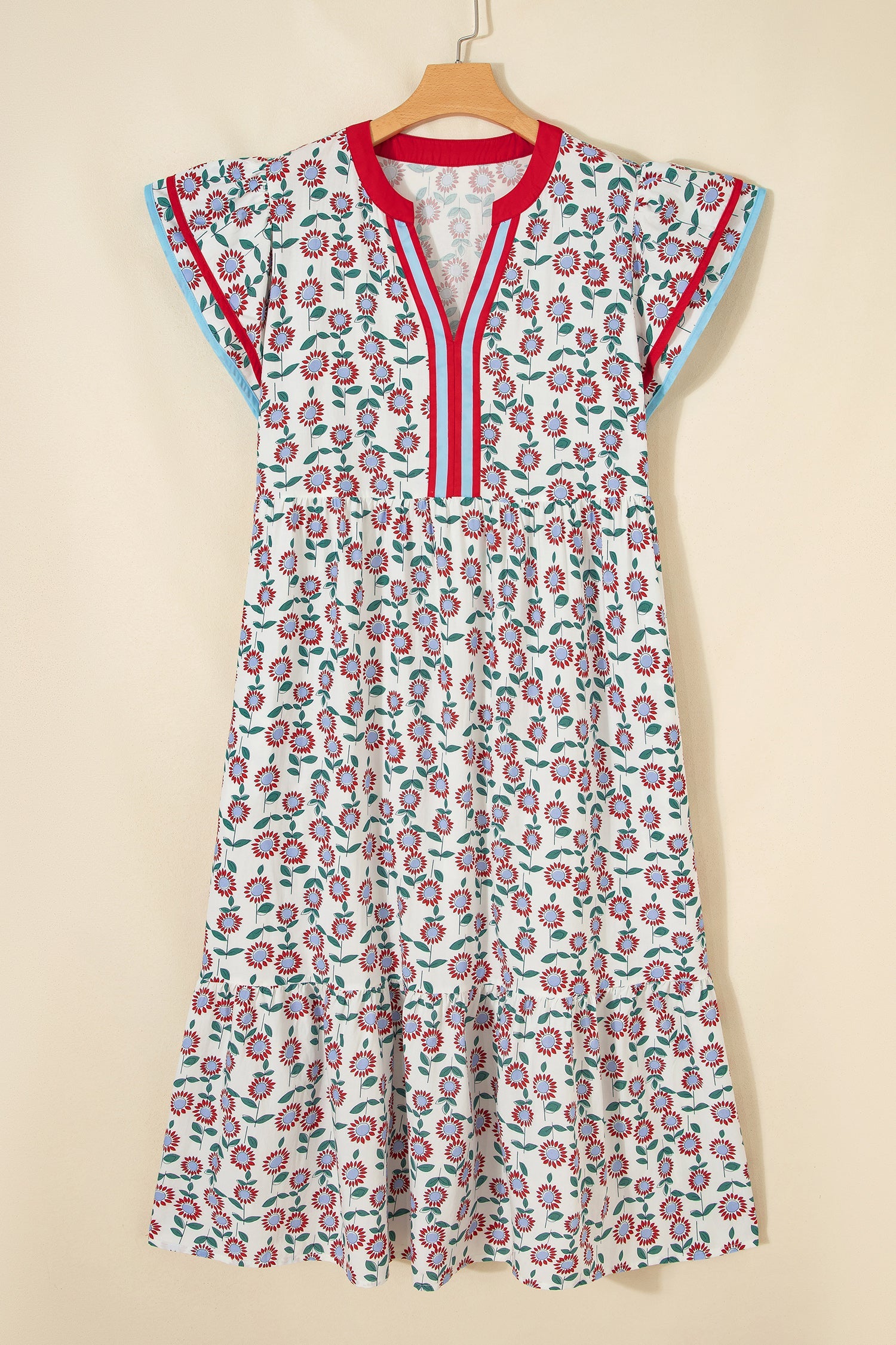 Red Cute Sunflower Printed Striped Patchwork Trim Flutter Sleeve Long Dress