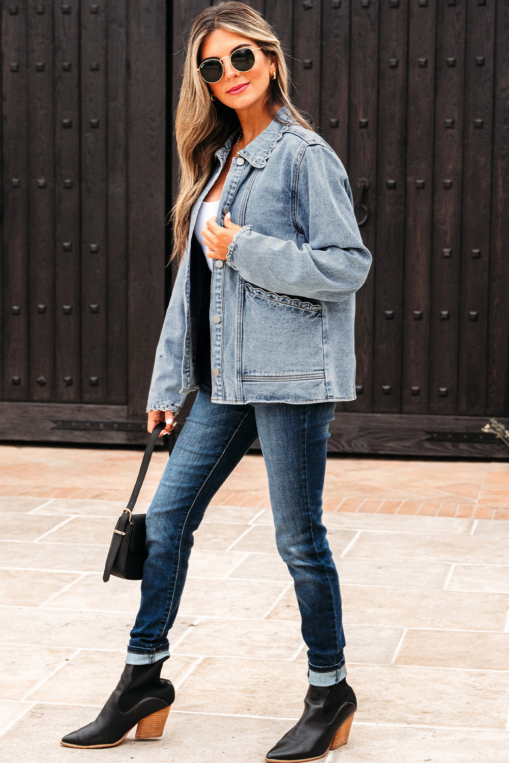 Myosotis Scallop Trim Collar Patched Pocket Button Up Denim Jacket