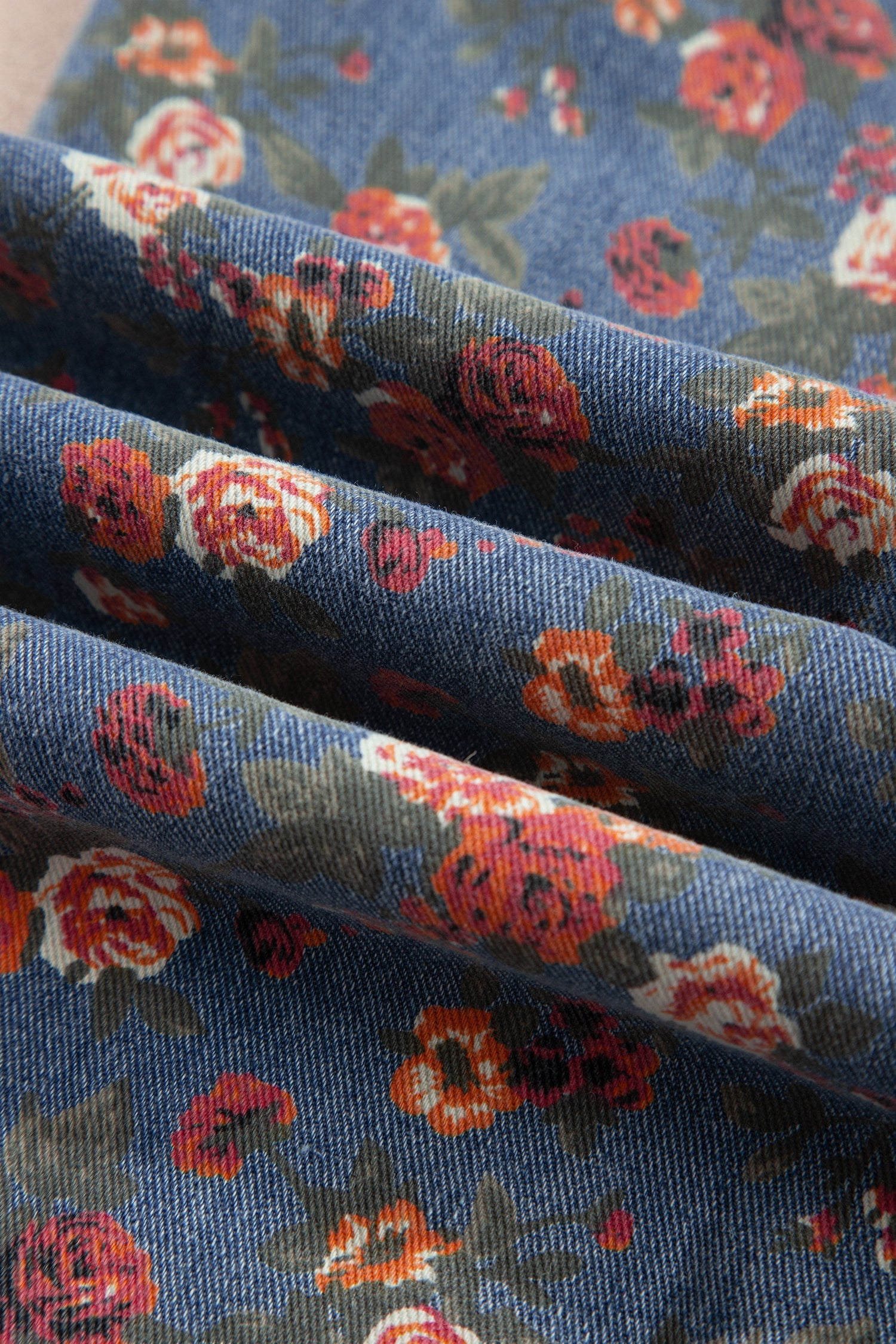 Beau Blue Retro Floral Print Elastic Waist Pocketed Barrel Jeans