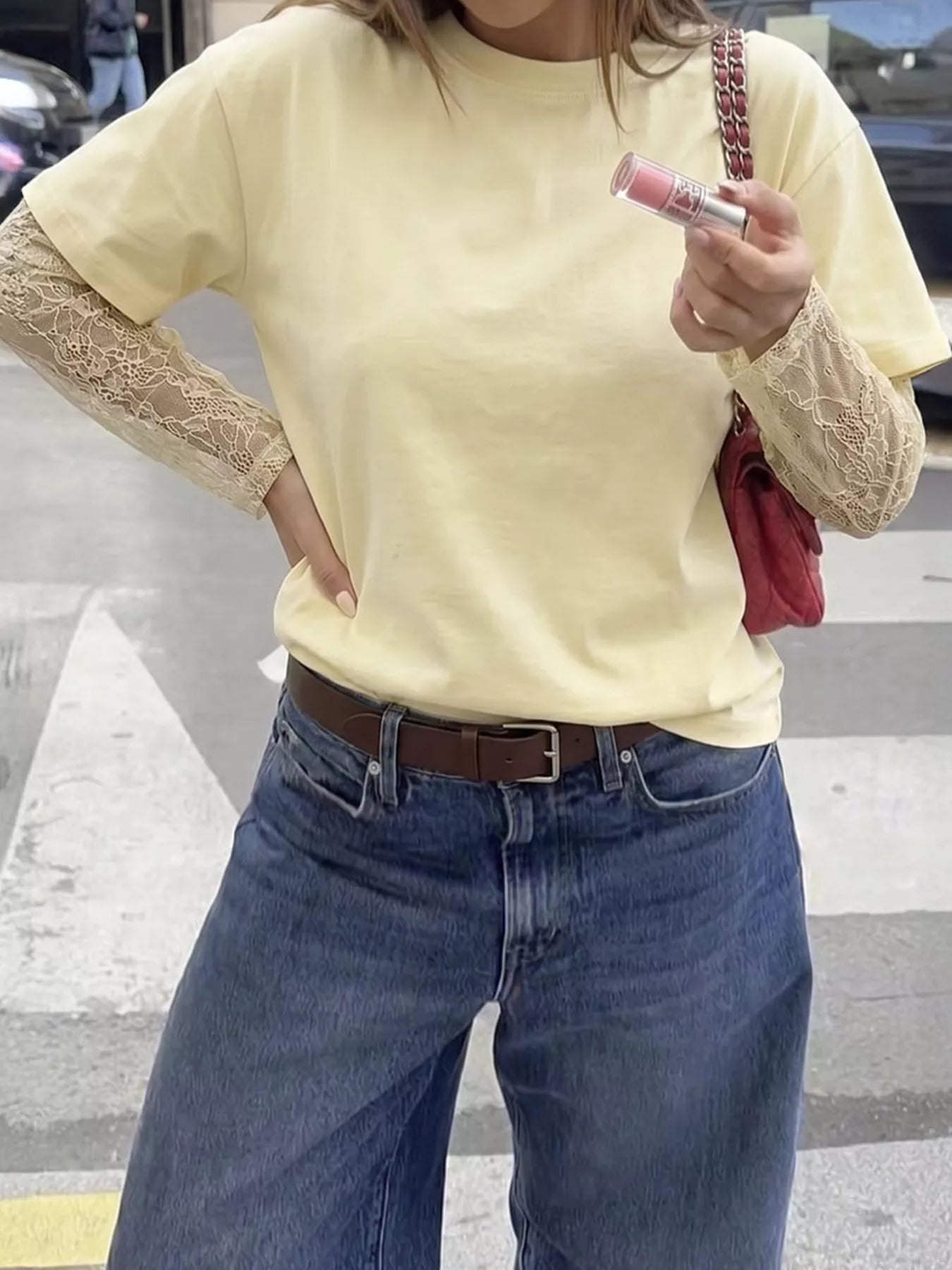 Lace Sleeve Round Neck T-Shirt
