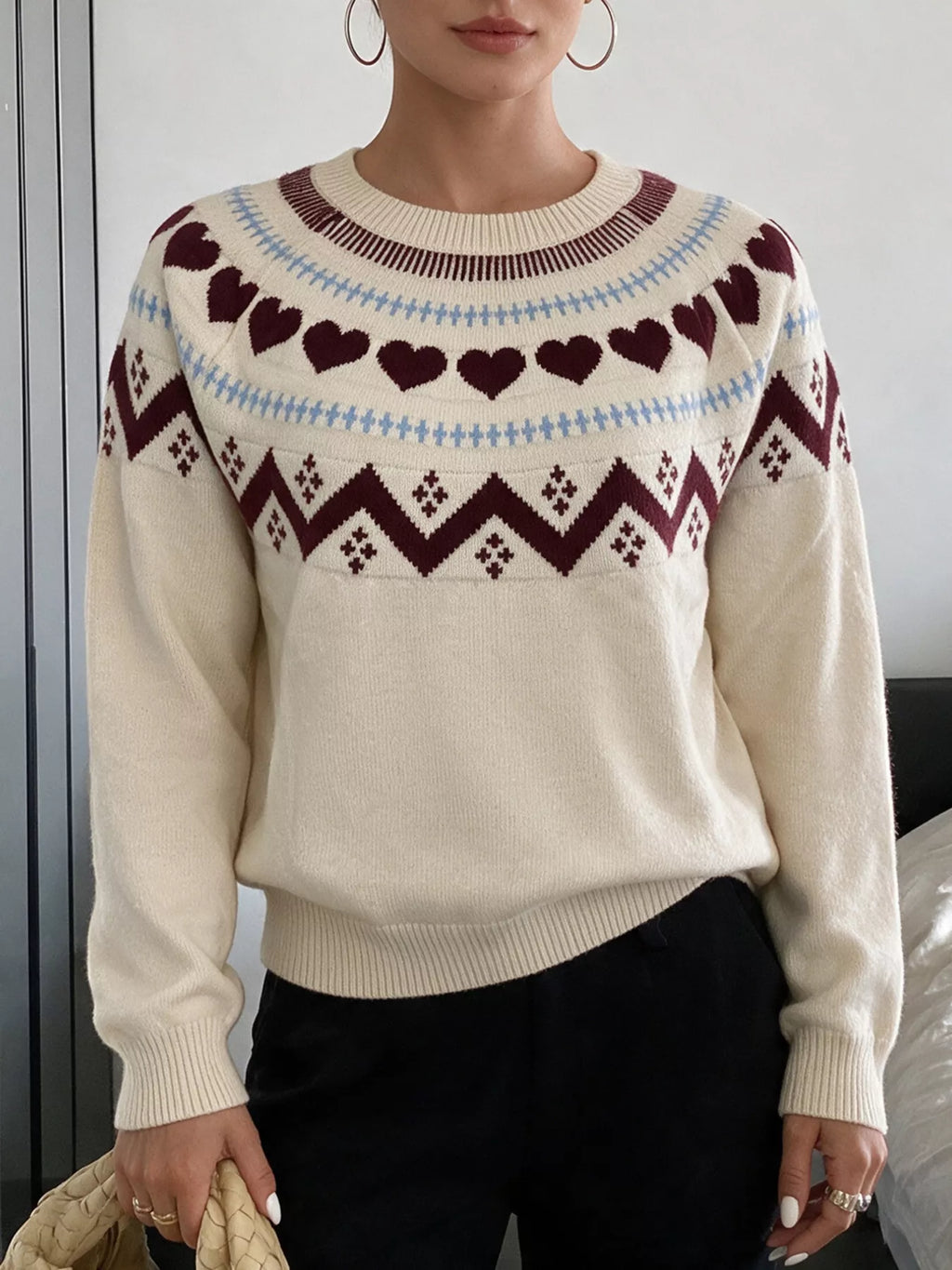 Heart-Patterned Crew Neck Sweater