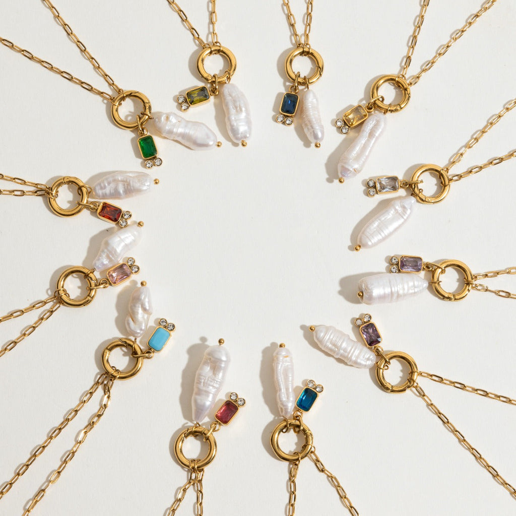 18K gold birthstone with irregular pearl design exquisite dazzling necklace