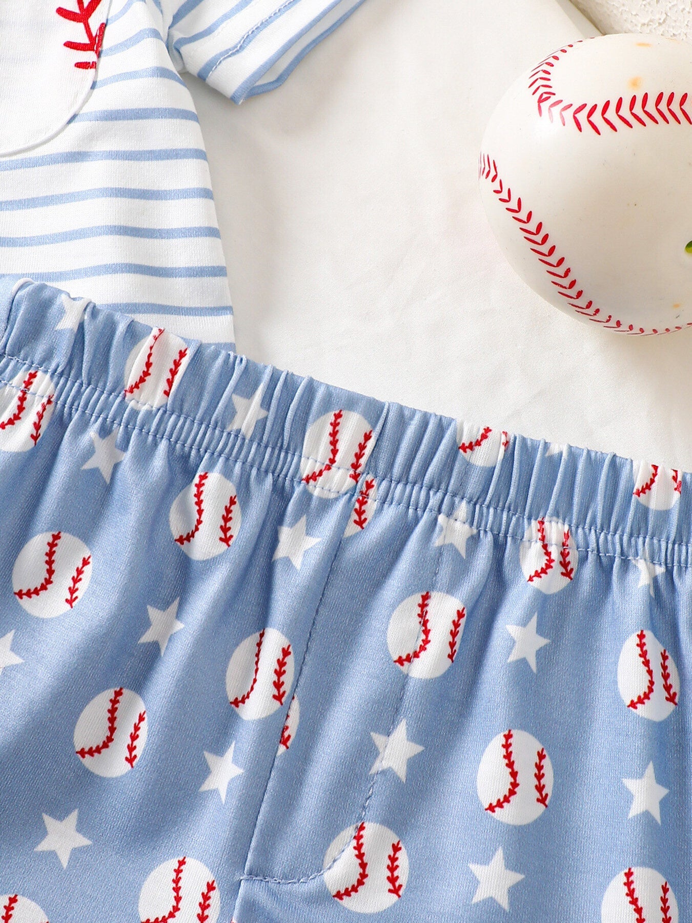 Children's Striped Bodysuit & Baseball Print Shorts & Hat 3-Piece Set