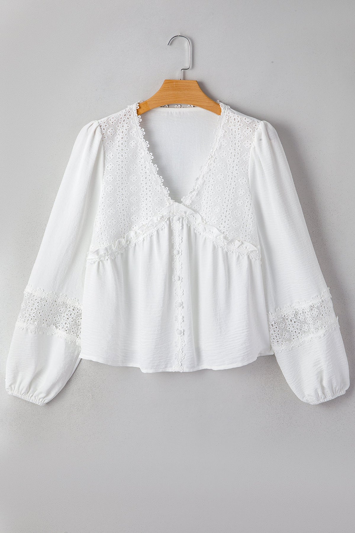 Solid Floral Guipure Lace Frilled Long Sleeve Blouse