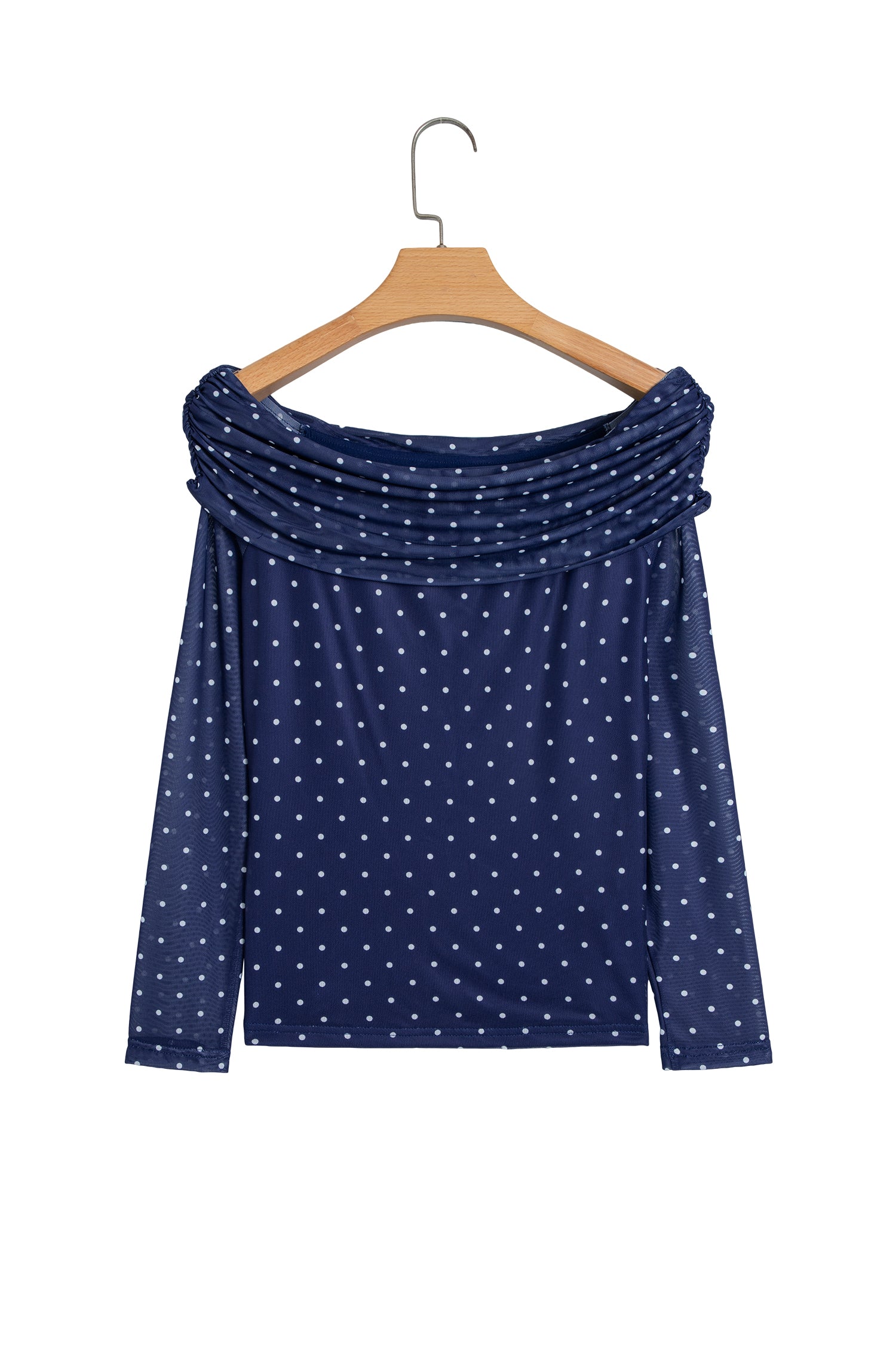 Blue Off Shoulder Polka Dot Mesh Long Sleeve Sheath Top