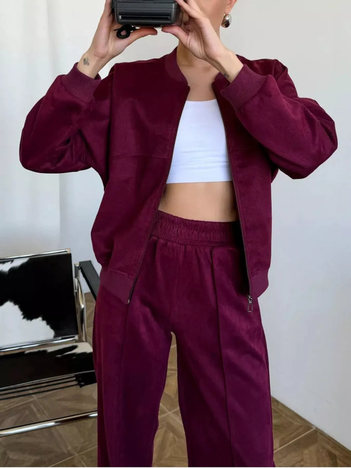 Zip Up Sweatshirt and Wide-Leg Pants Set