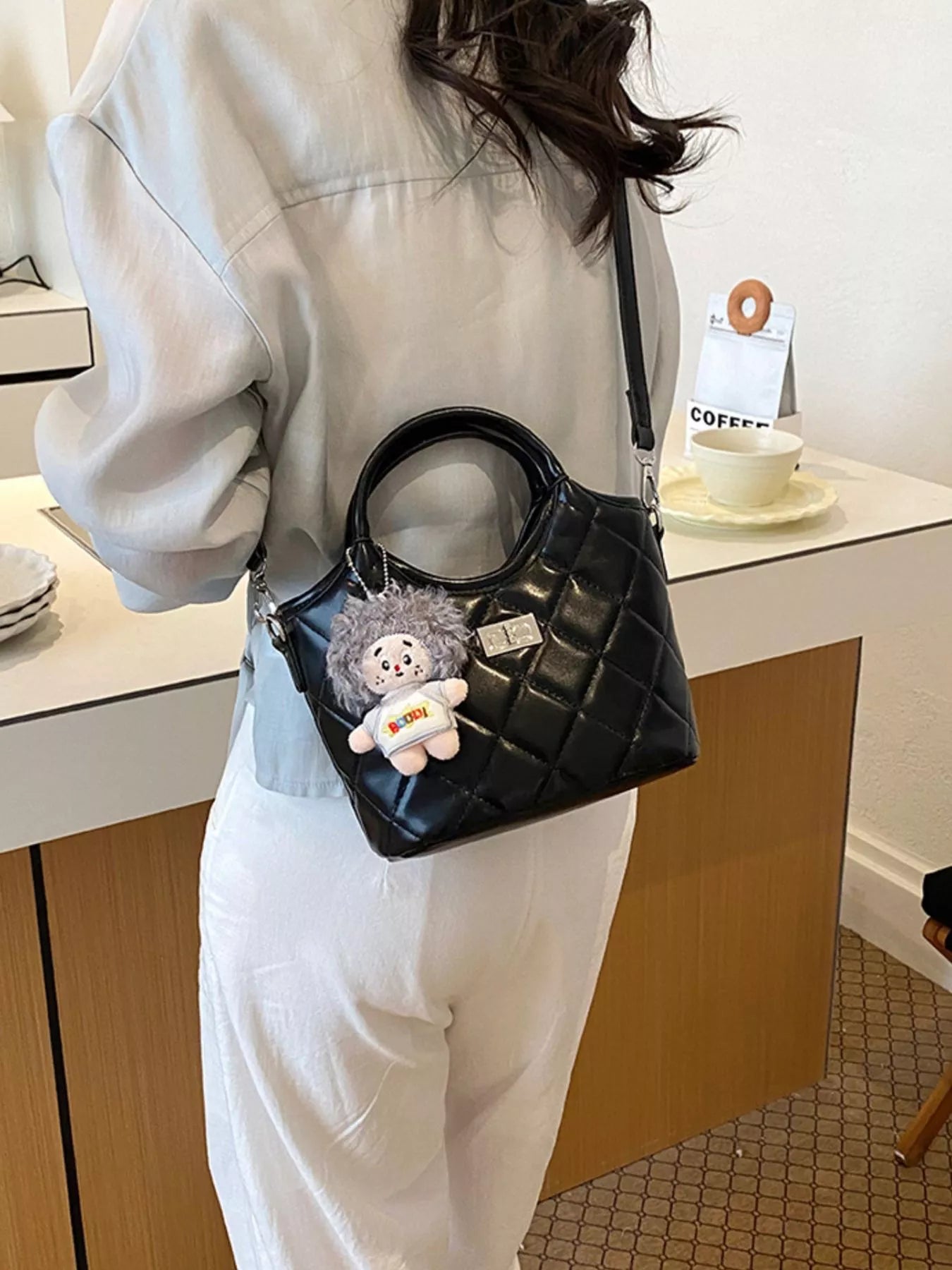 Quilted Crossbody Bag with Plush Charm