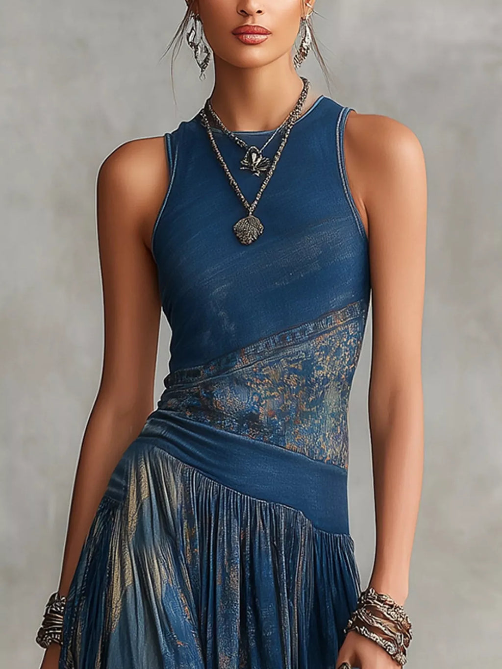 Printed Round Neck Sleeveless Maxi Dress
