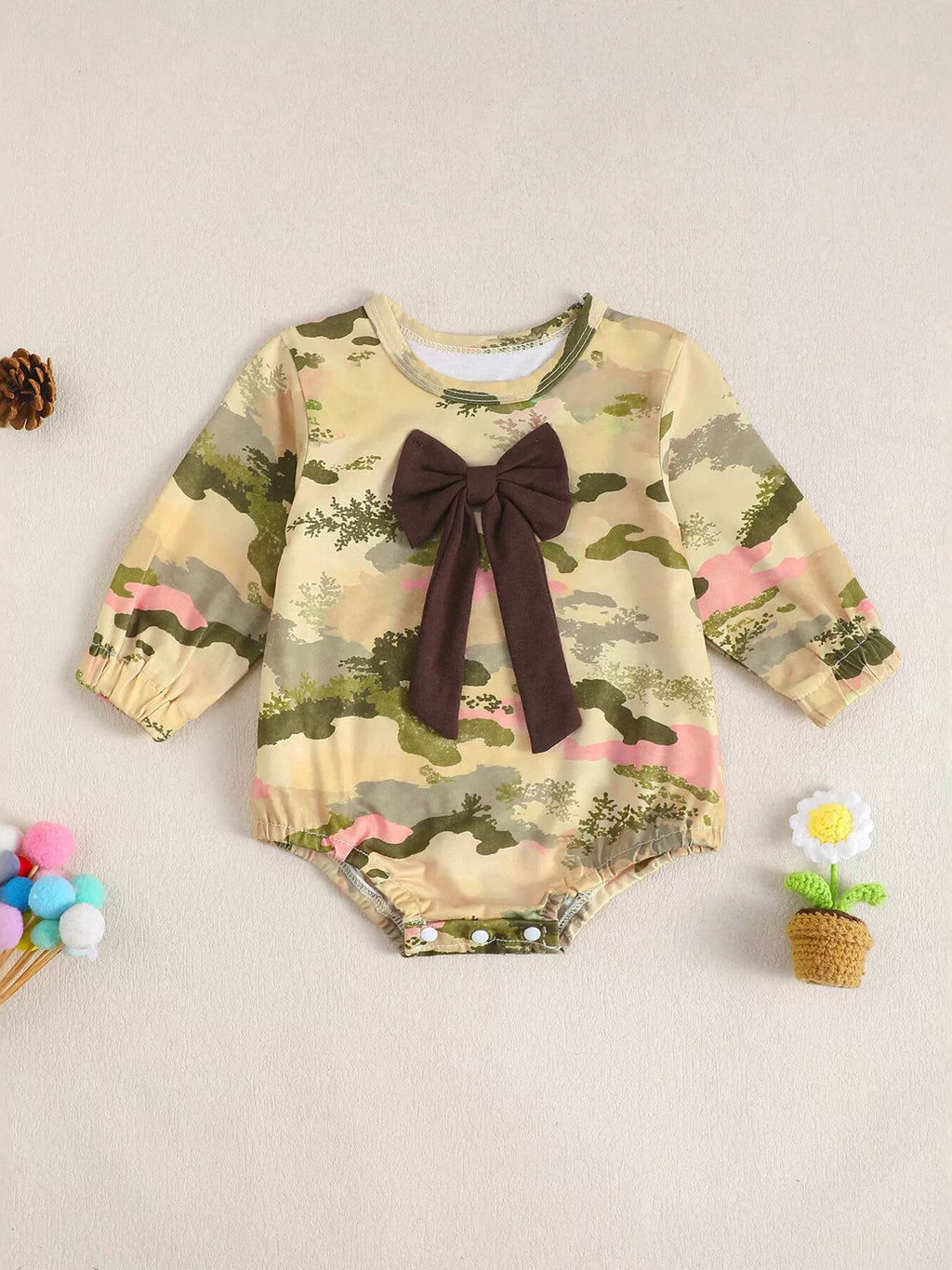 Children's Camouflage Print Long Sleeve One-Piece with Bow