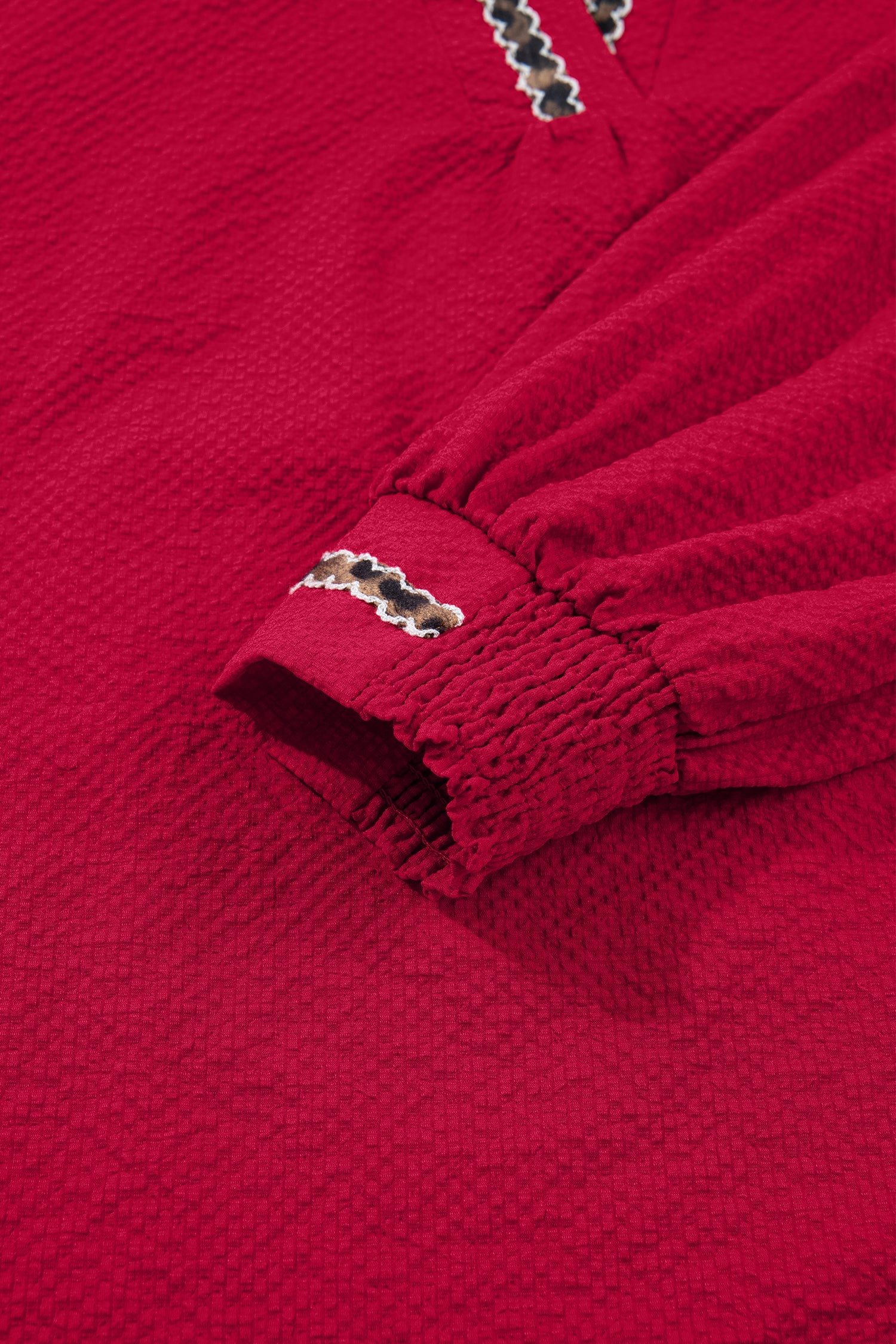 Racing Red Leopard Jacquard Print V Neck Textured Blouse