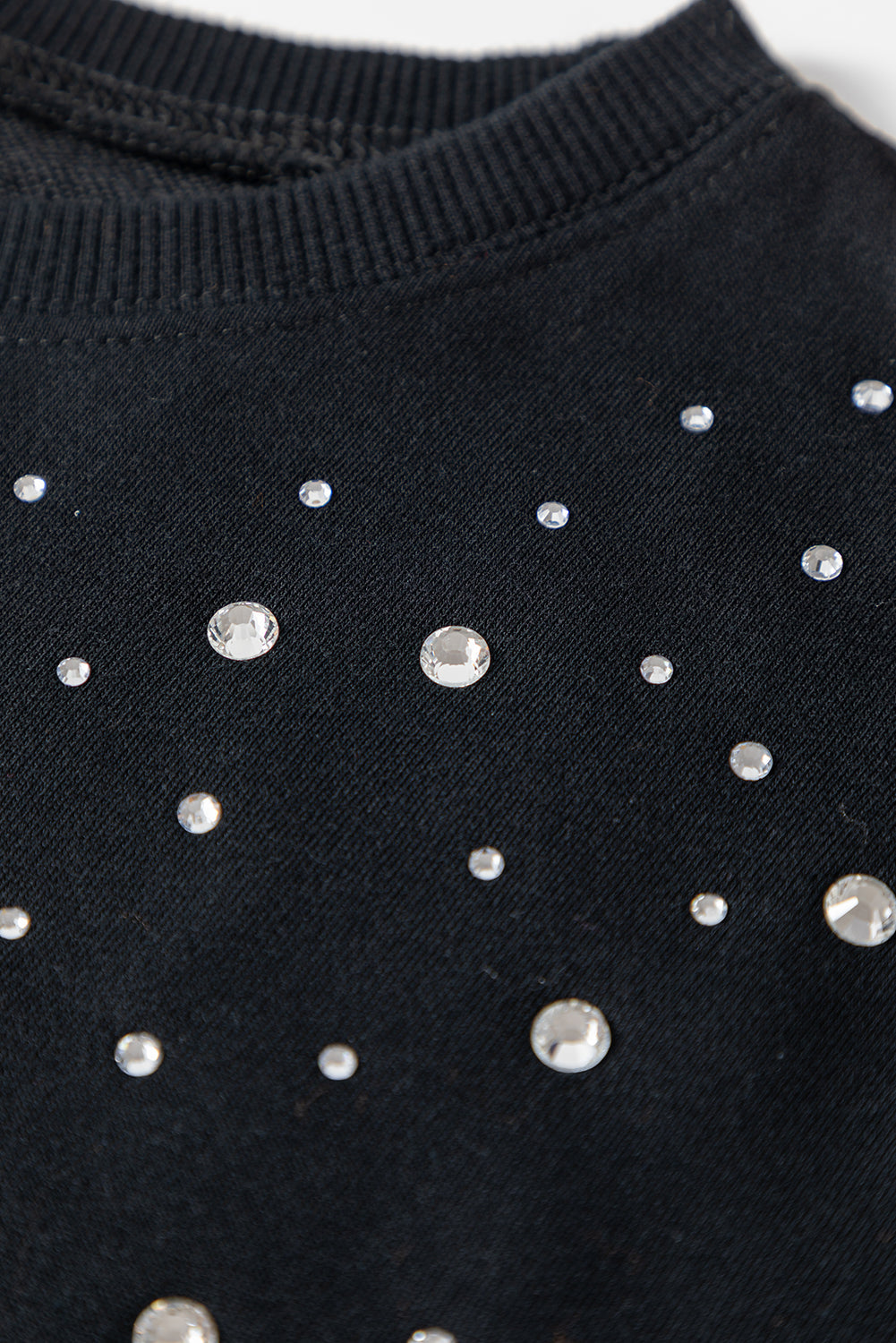 Black Rhinestone Embellished Drop Shoulder Ribbed Cuffs Wholesale Sweatshirt