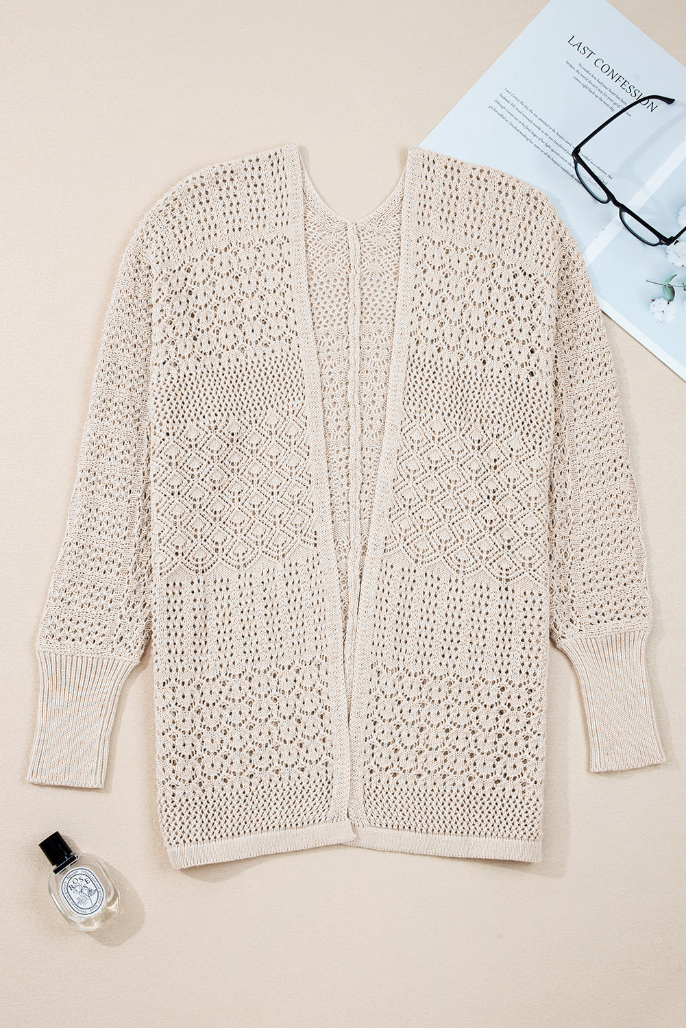 Solid Hollow Knit Open-Front Cardigan