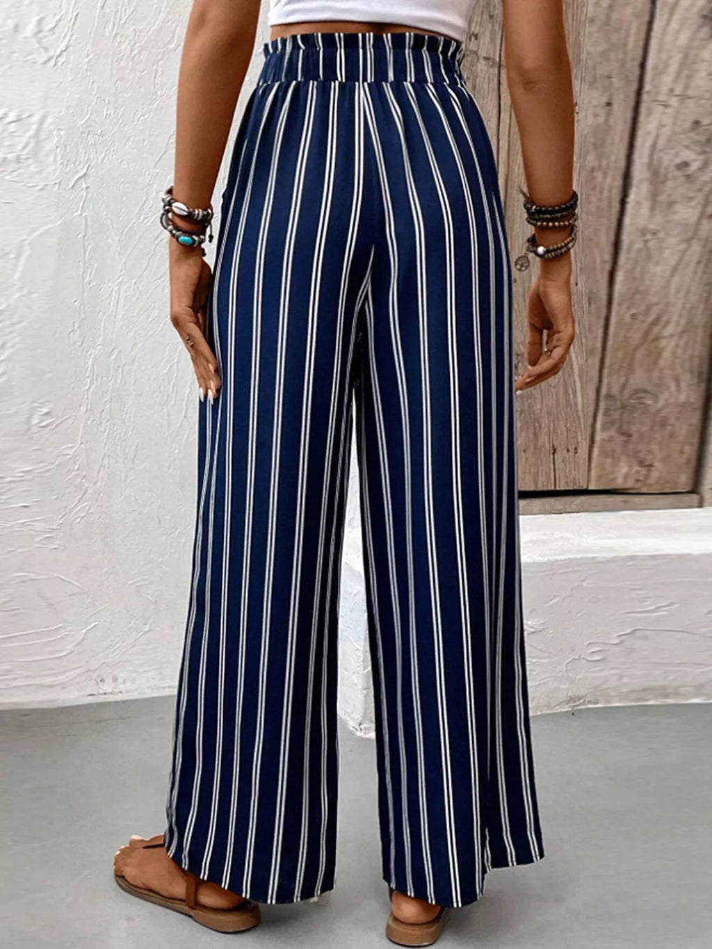 Striped Wide-Leg Pants with Elastic Waistband