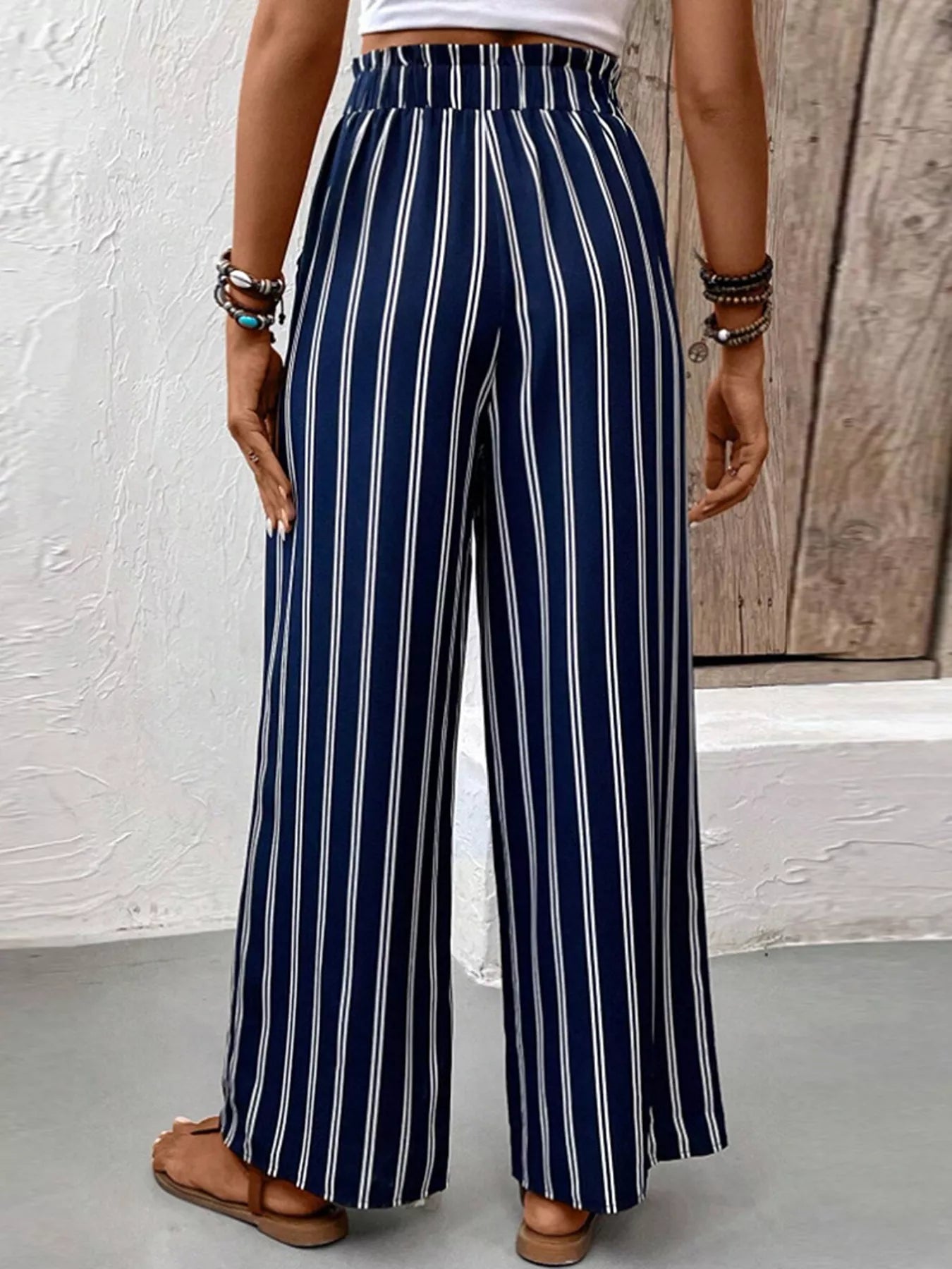 Striped Wide-Leg Pants with Elastic Waistband