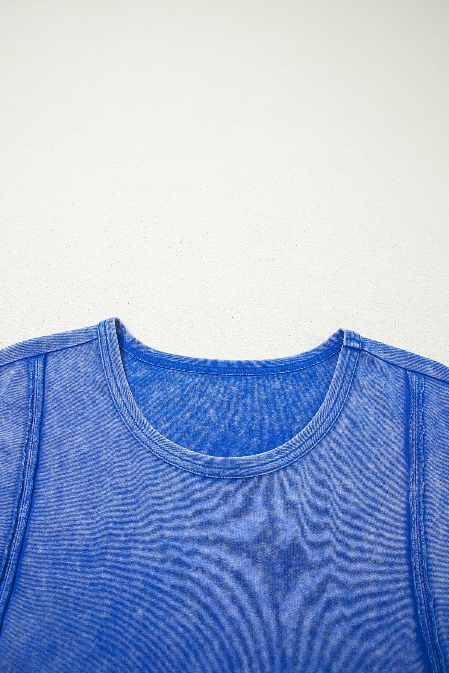 Sky Blue Mineral Wash Raw Seam Lace Sleeve Cotton Tee