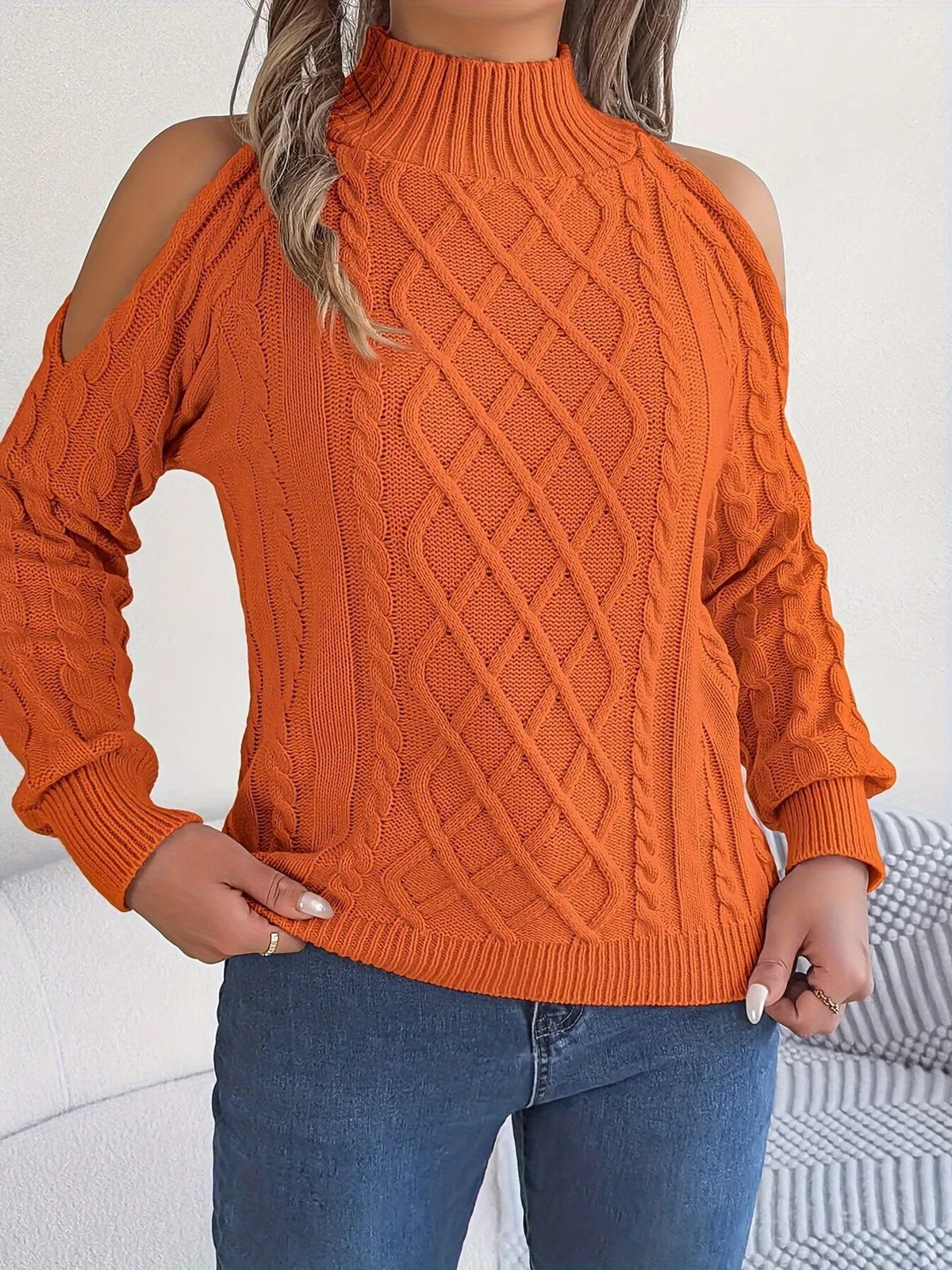 Cold-Shoulder Cable Knit Sweater