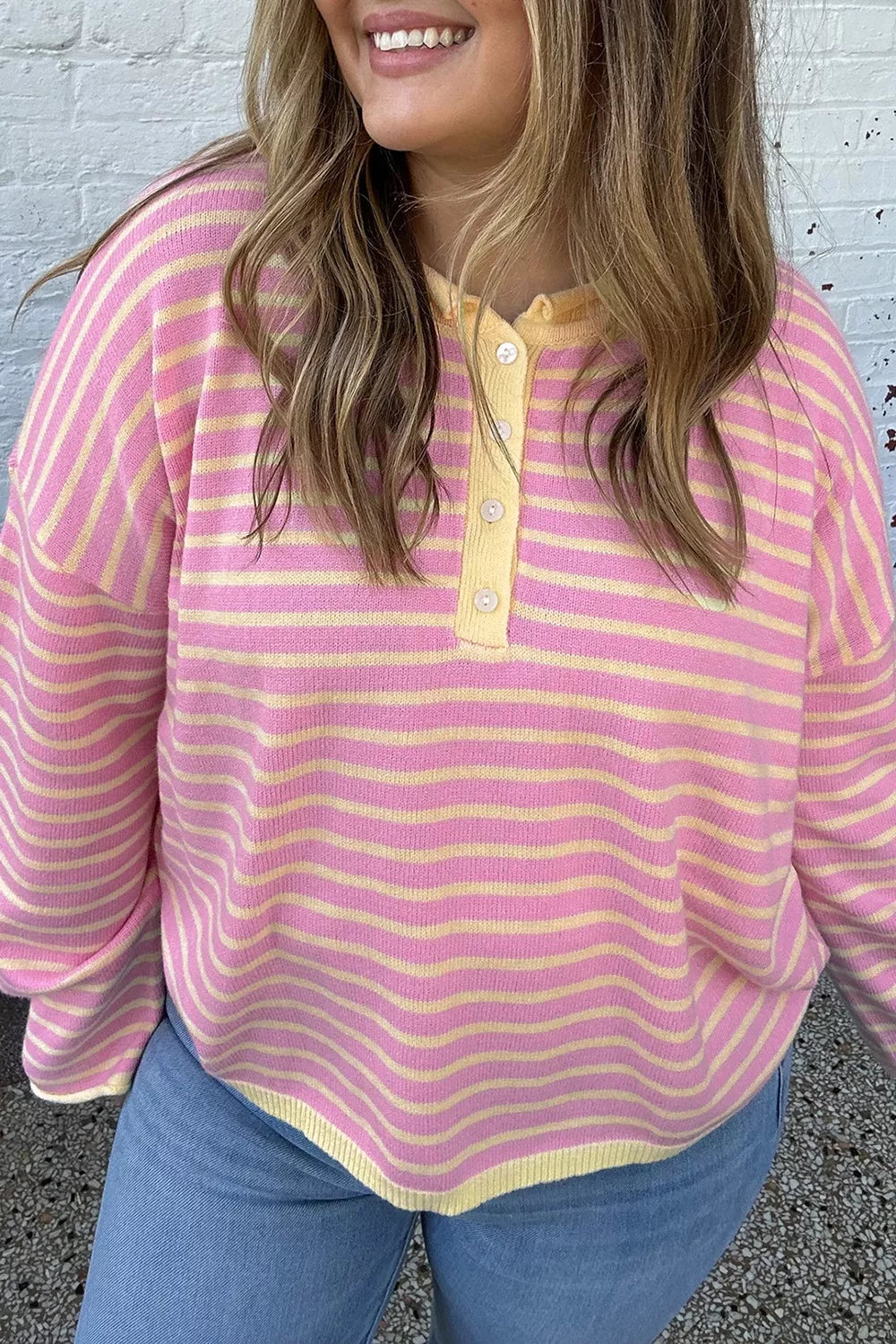 Plus Size Striped Long Sleeve Button Detail Sweater