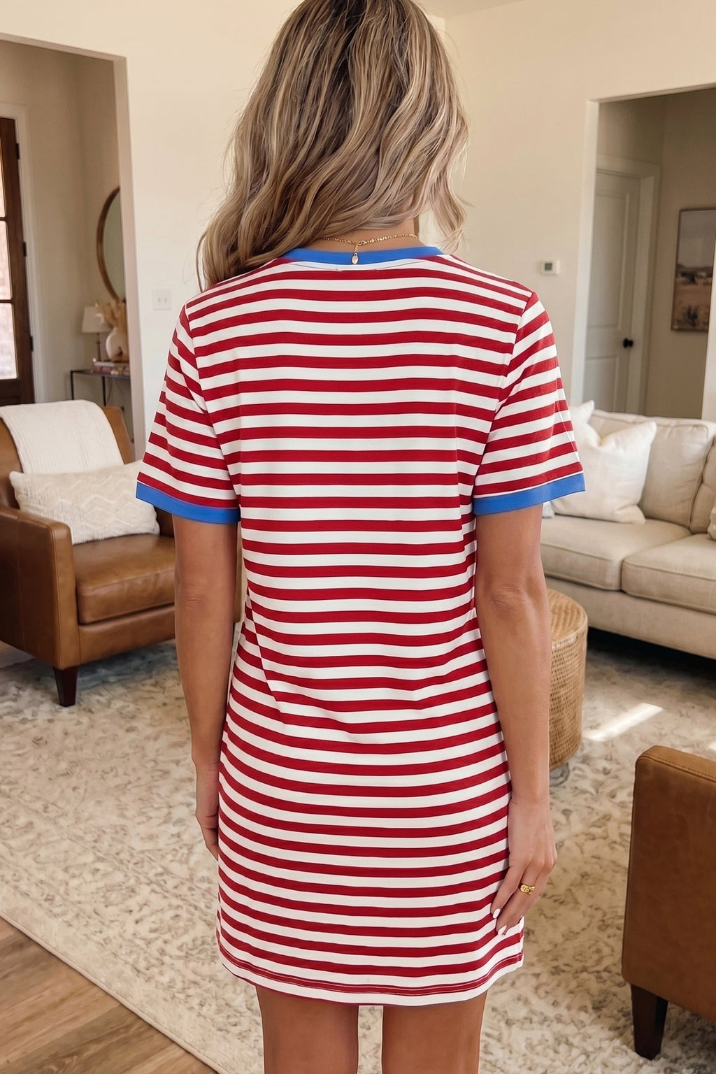 Red Nautical Tie Contrast Trim Round Neck T Shirt Mini Dress