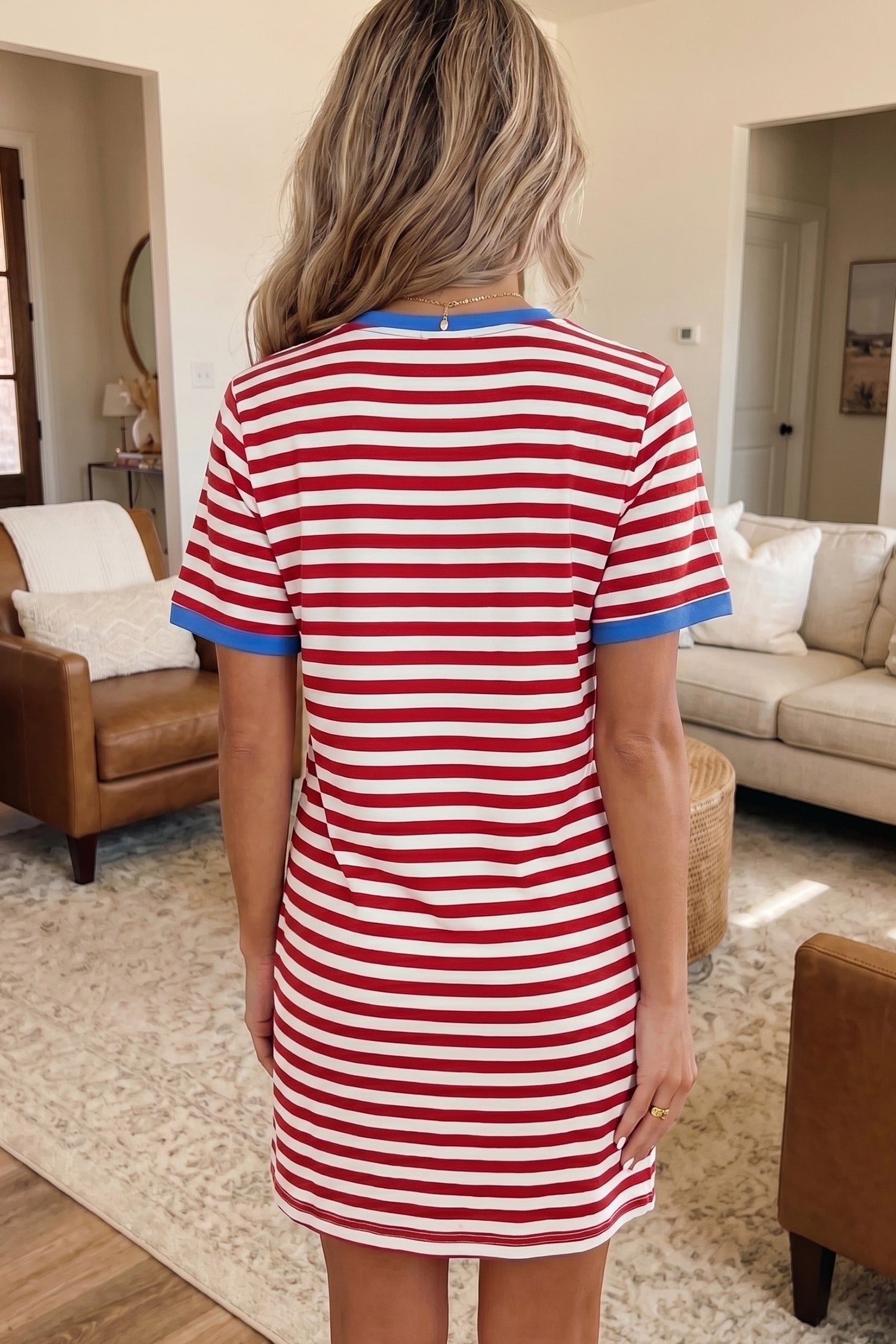 Red Nautical Tie Contrast Trim Round Neck T Shirt Mini Dress